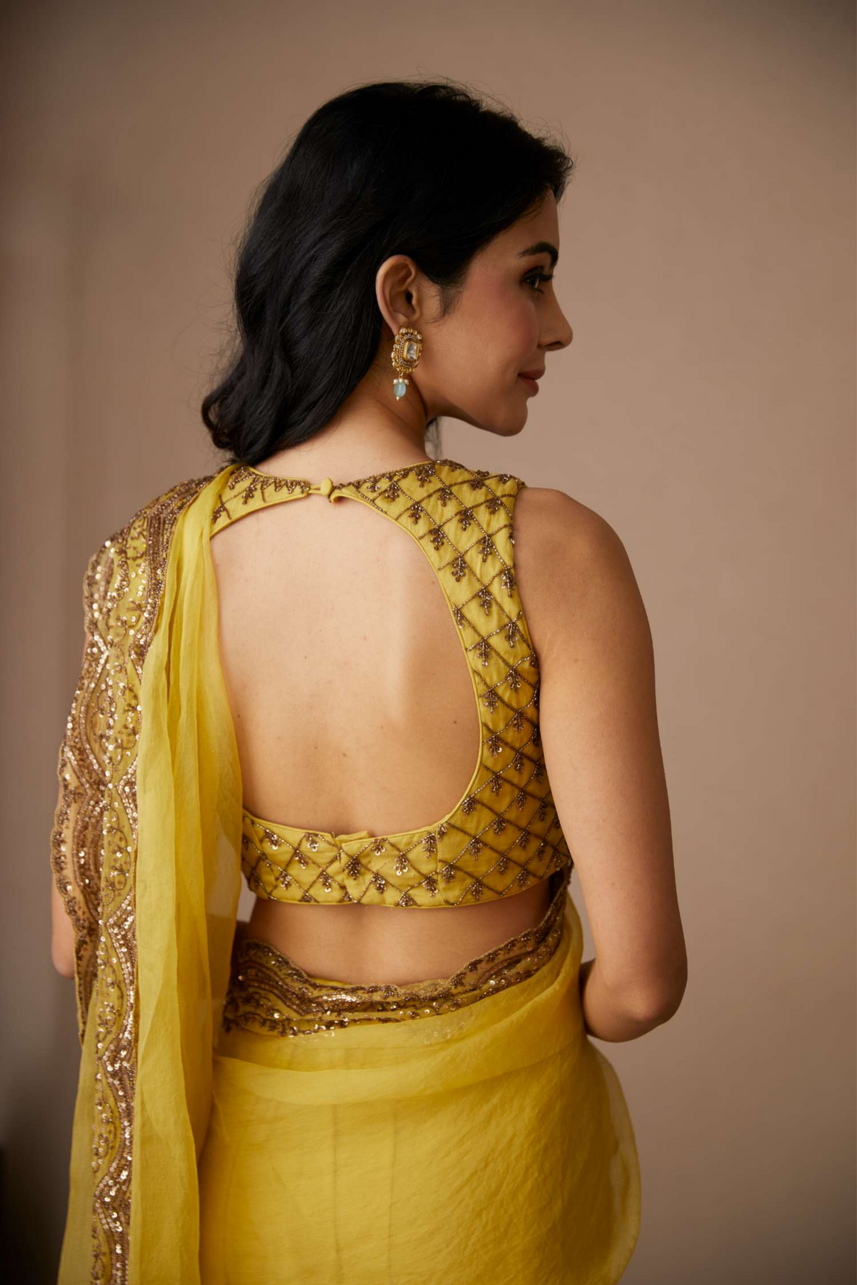 Yellow Organza Sequence Saree Set