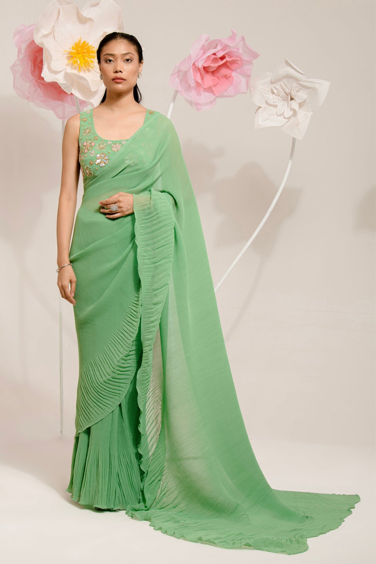 Pre-draped Olive Green Pleated Saree