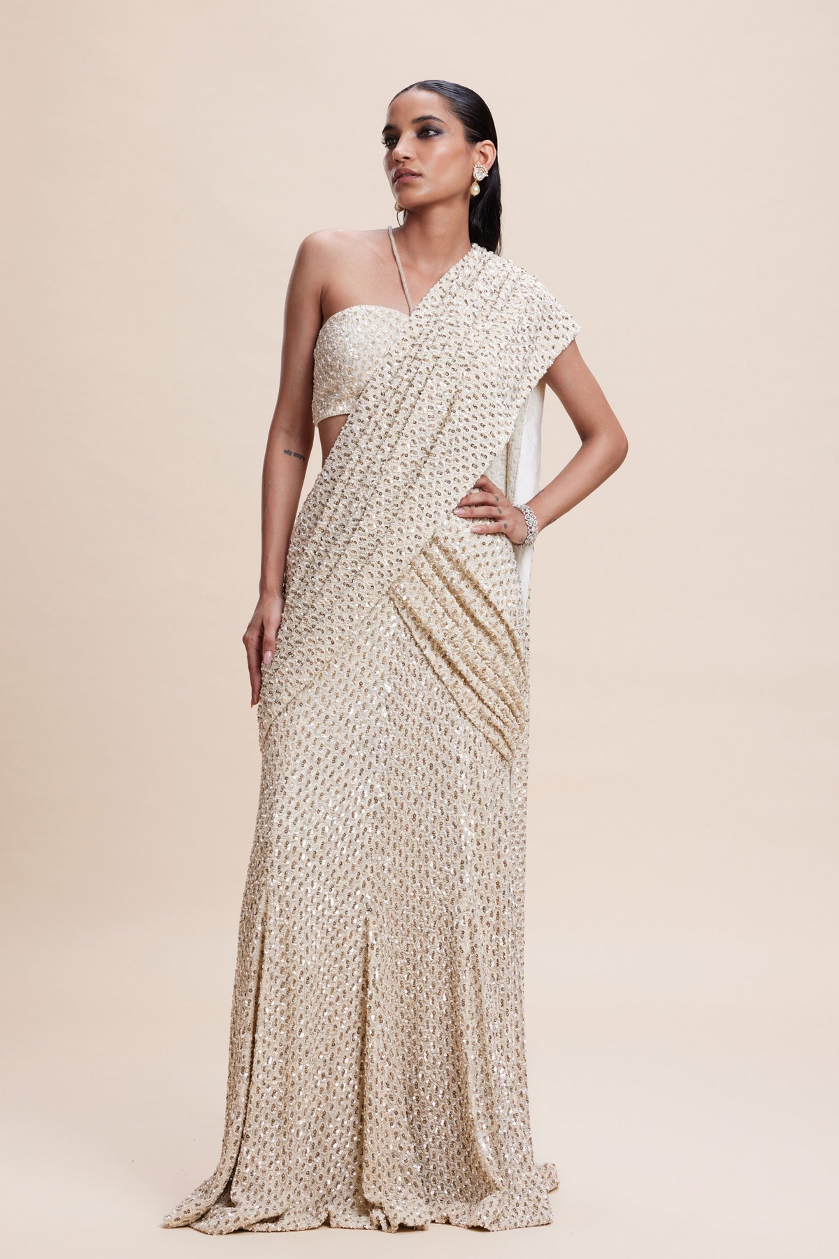 Creme Embellished Draped Saree Set