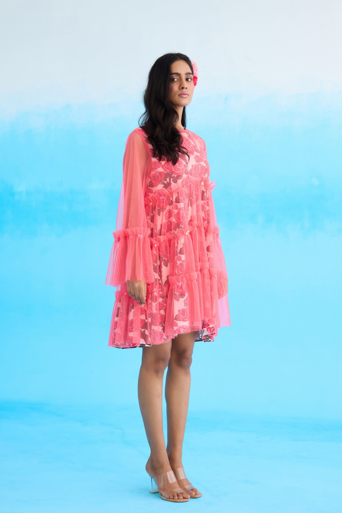 Mithai Pink Rose Printed Mini Tier Dress