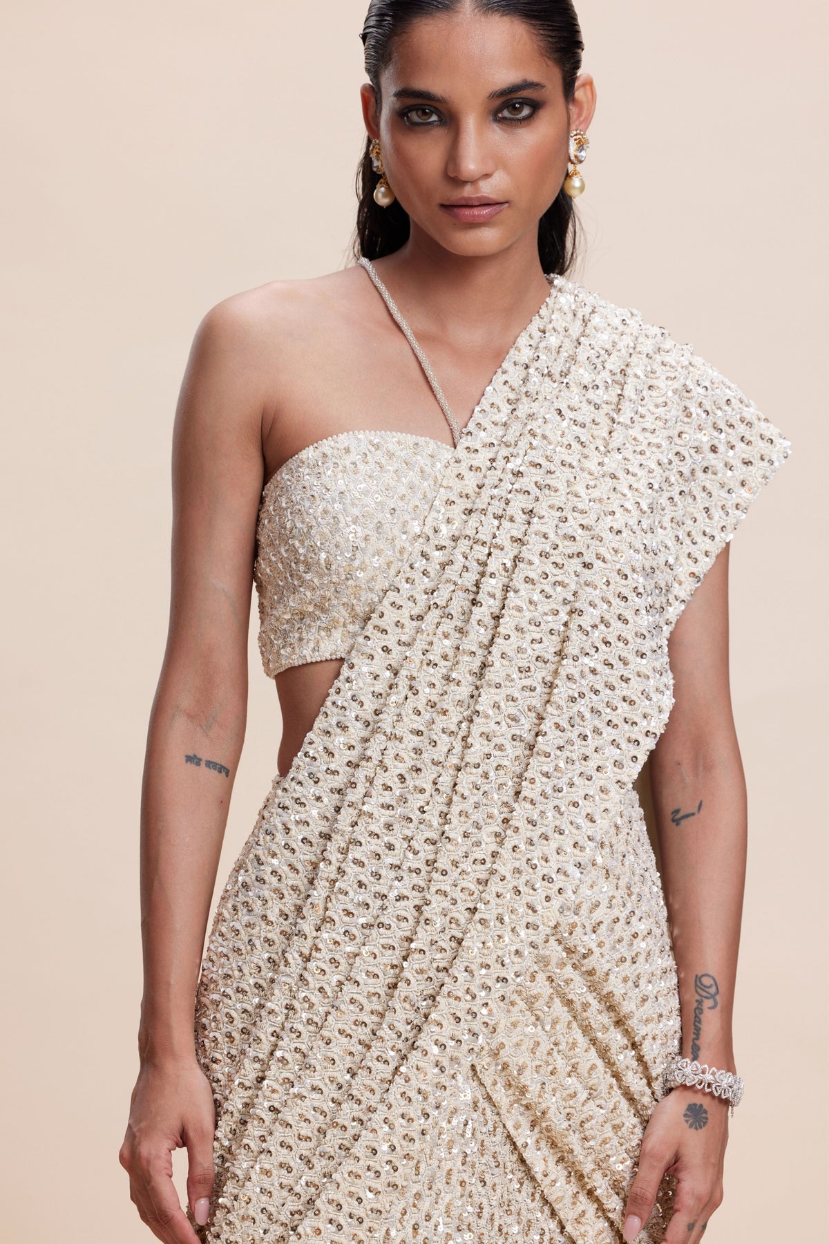 Creme Embellished Draped Saree Set