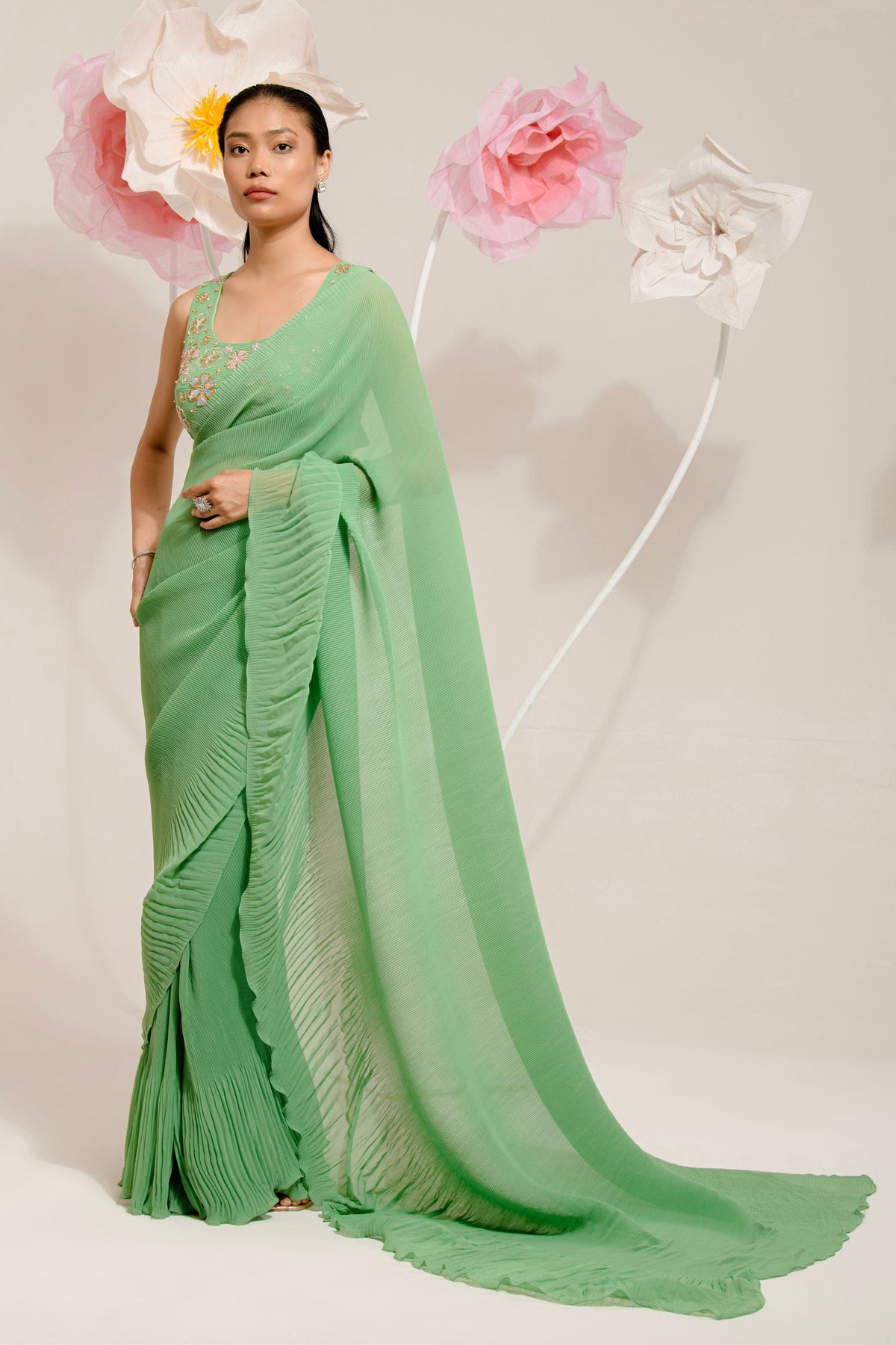 Pre-draped Olive Green Pleated Saree