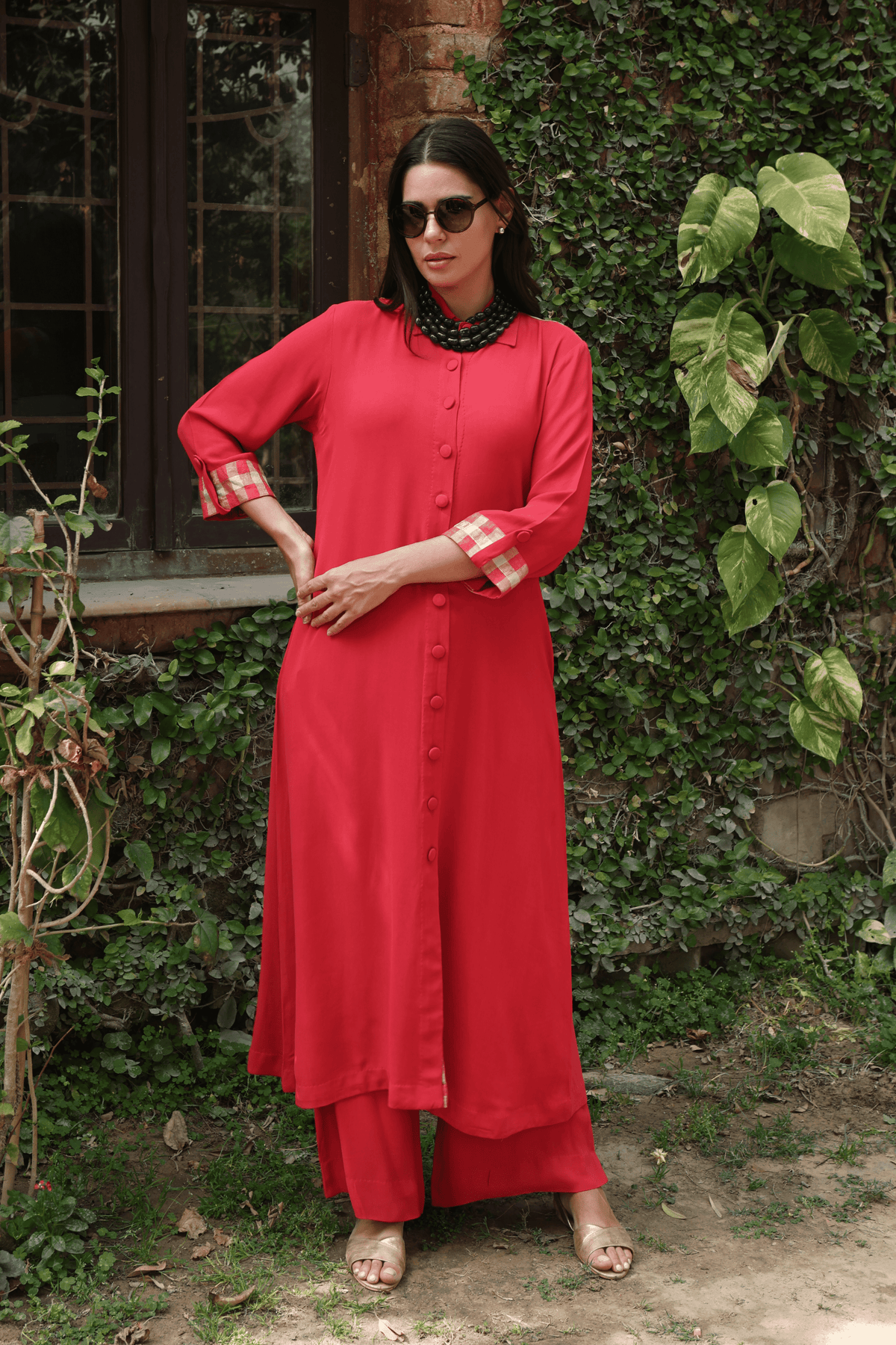 Red Front Open Kurta And Pant