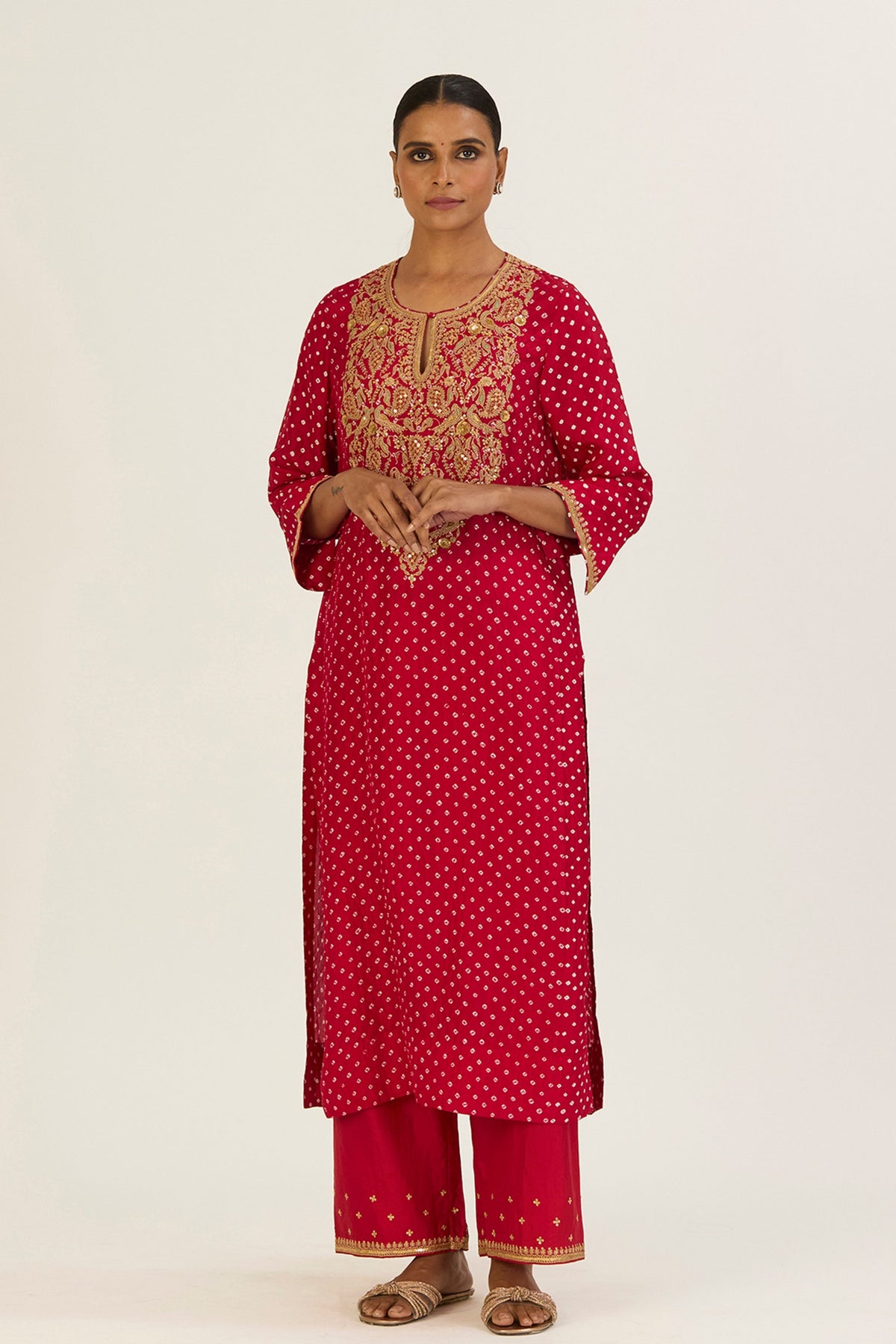 Brinda Red Bandhani Kurta &amp; Pants