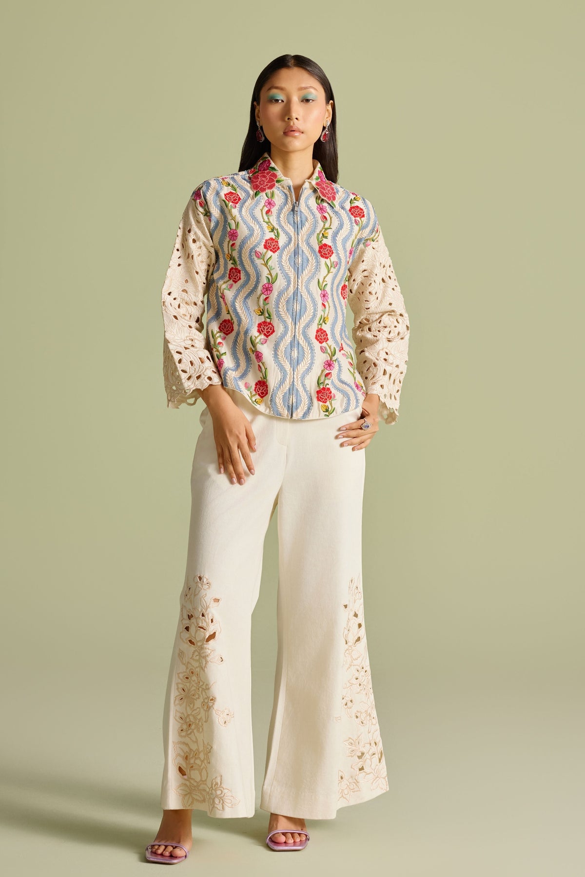 Ivory Cutwork Flared Pants