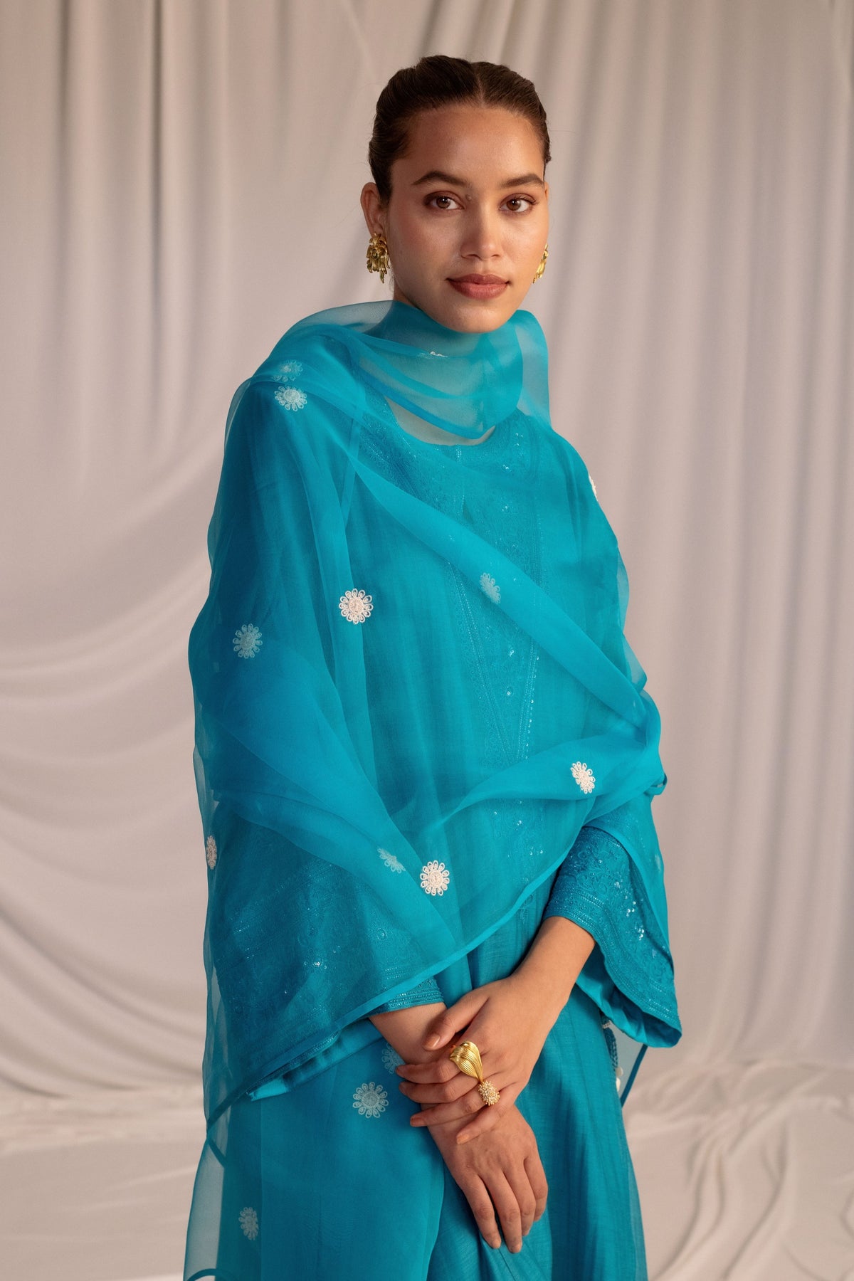 Turquoise Embroidered Tunic &amp; Trouser Set