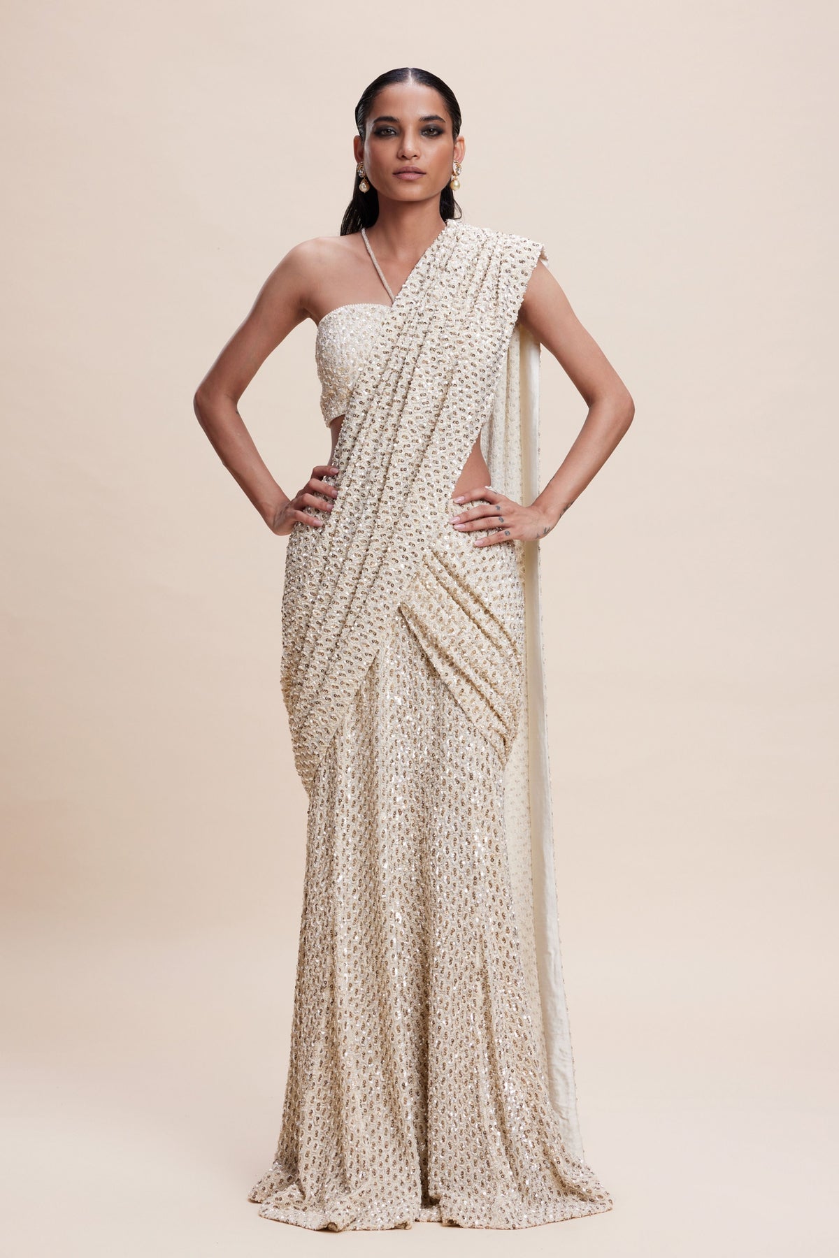 Creme Embellished Draped Saree Set