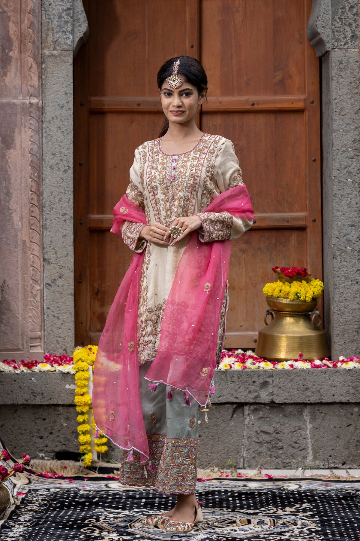 Colourful Beige Kurta Palazzo Set