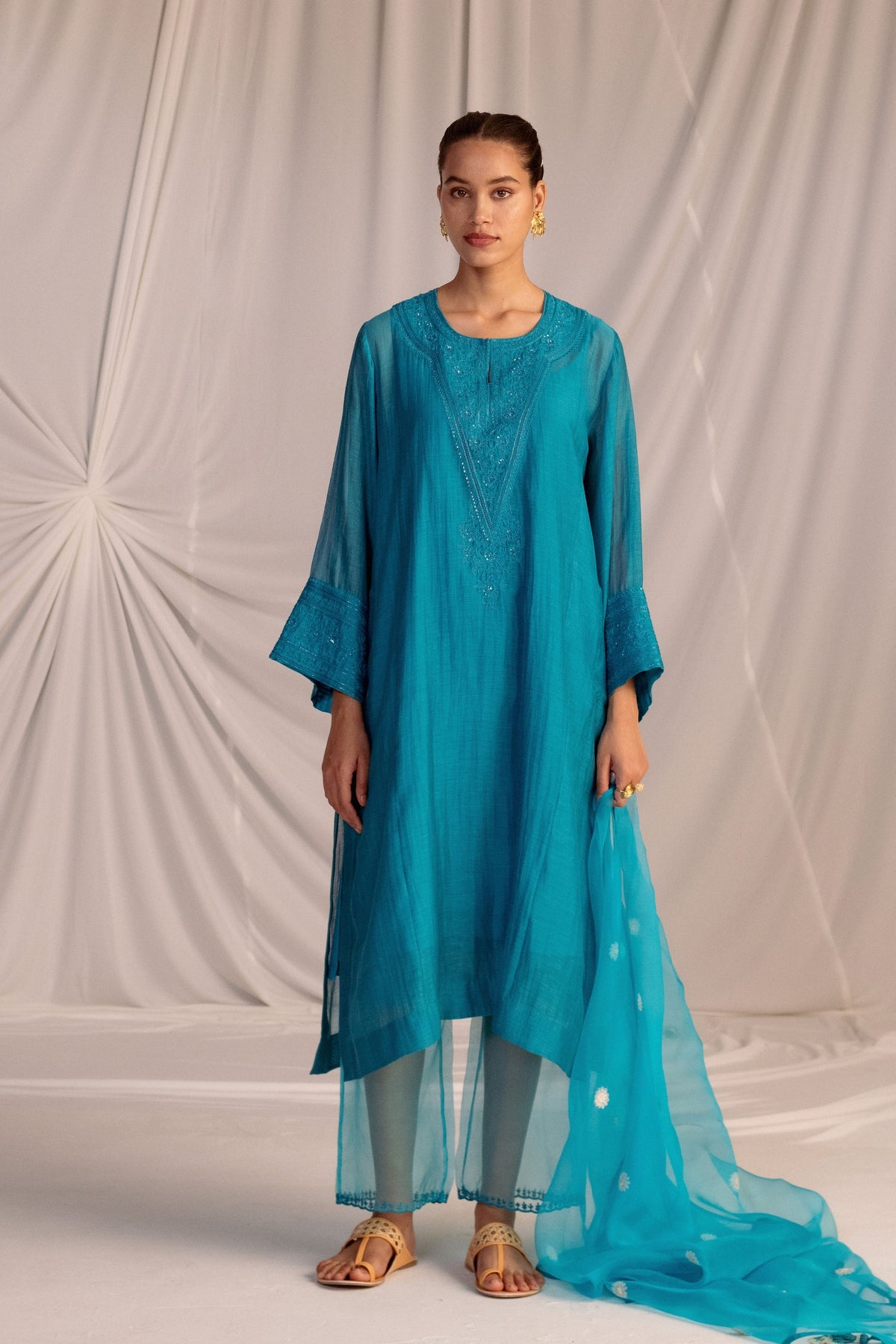 Turquoise Embroidered Tunic &amp; Trouser Set