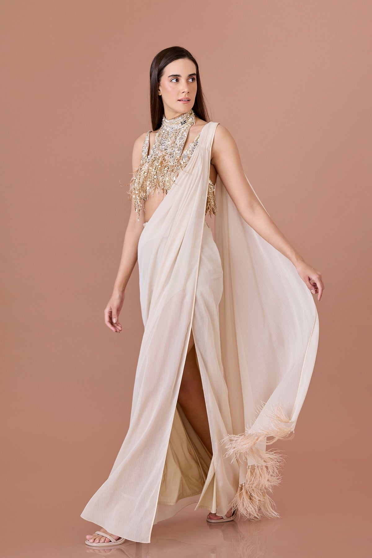 Creme Draped Saree Set