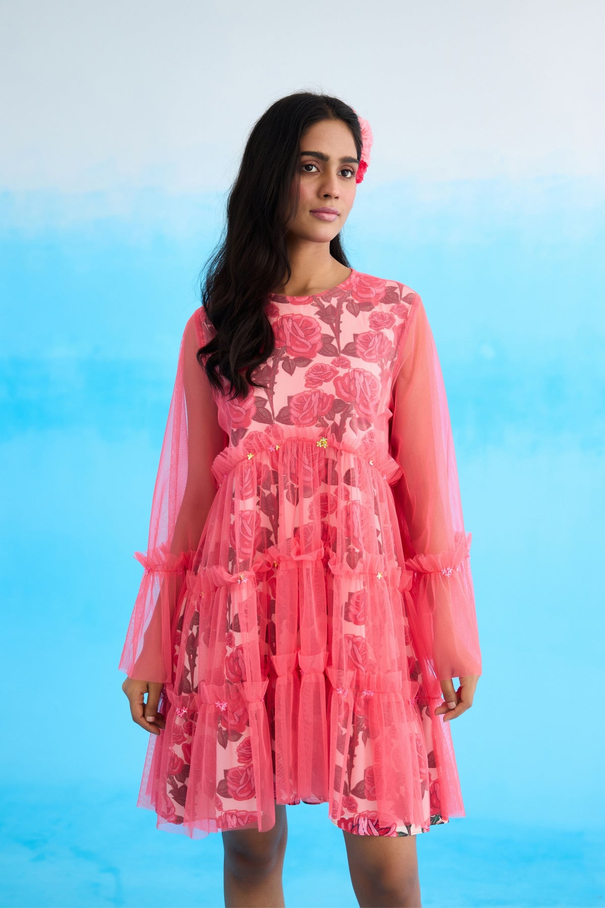 Mithai Pink Rose Printed Mini Tier Dress