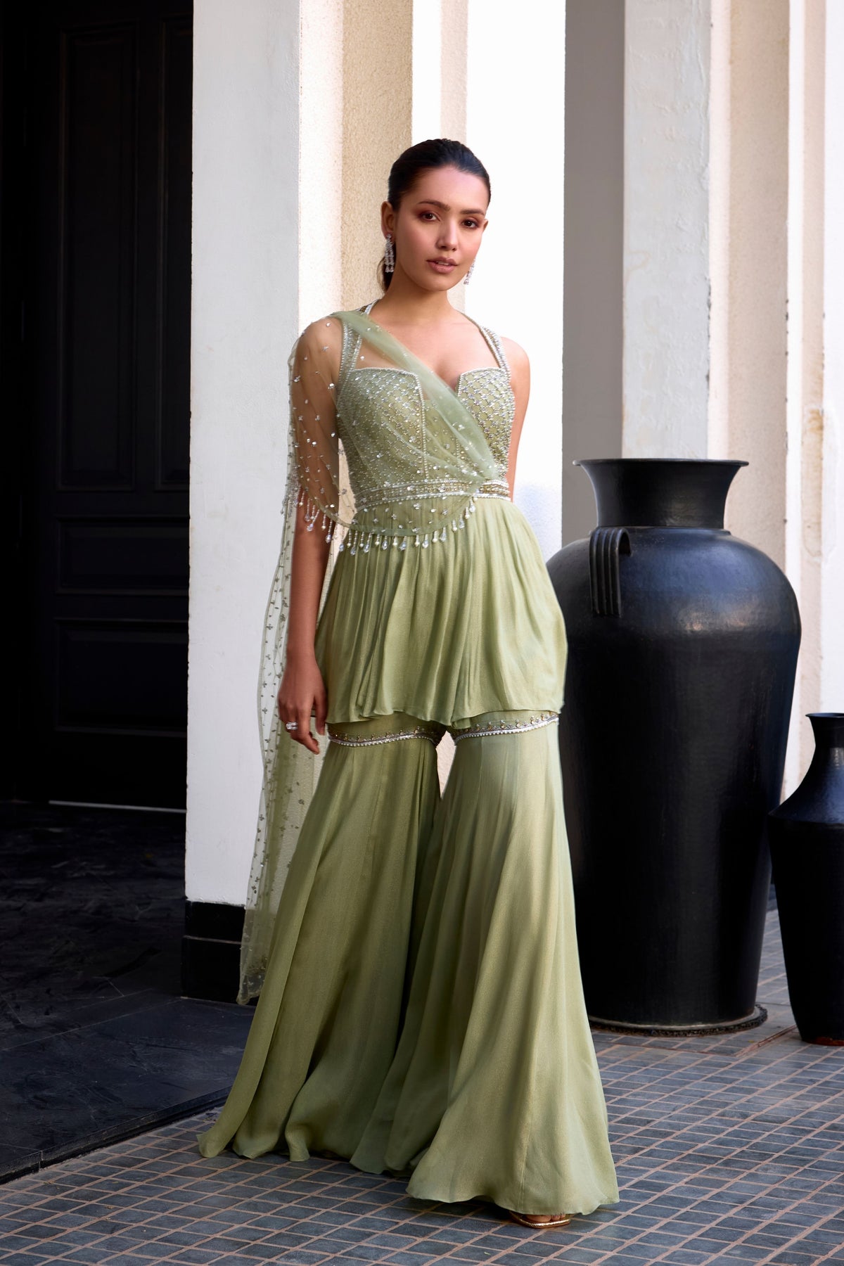 Sage Green Sharara and Peplum Set