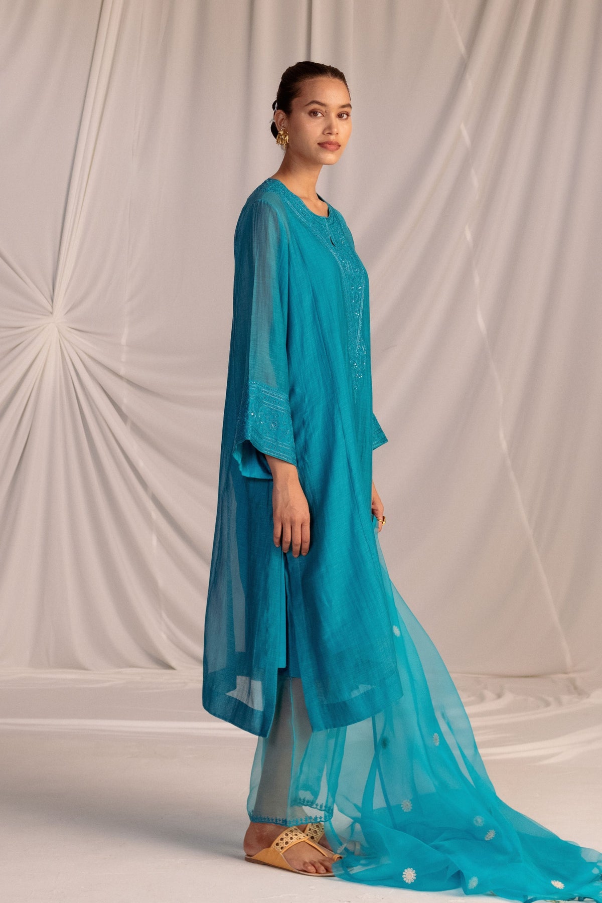 Turquoise Embroidered Tunic &amp; Trouser Set