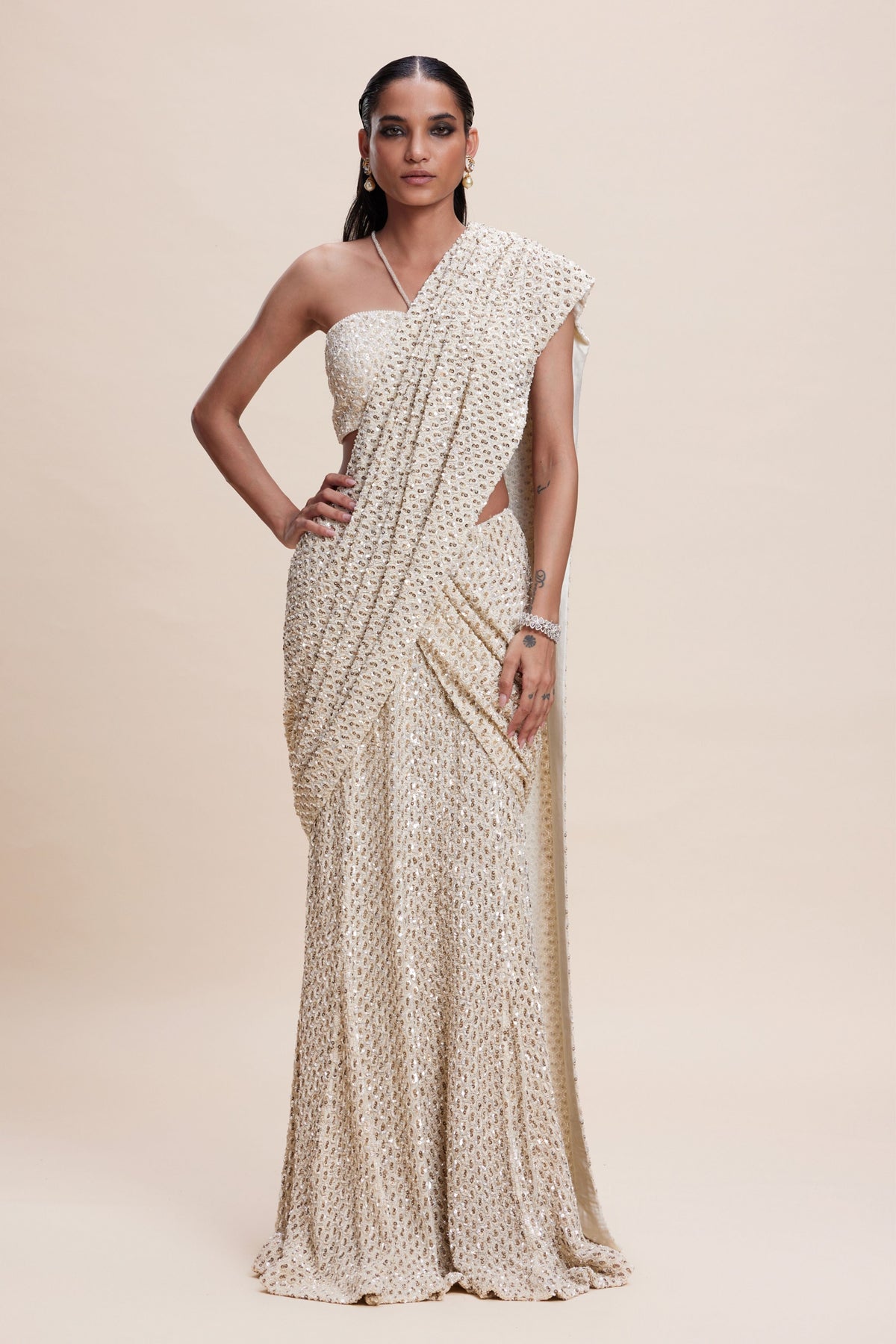 Creme Embellished Draped Saree Set