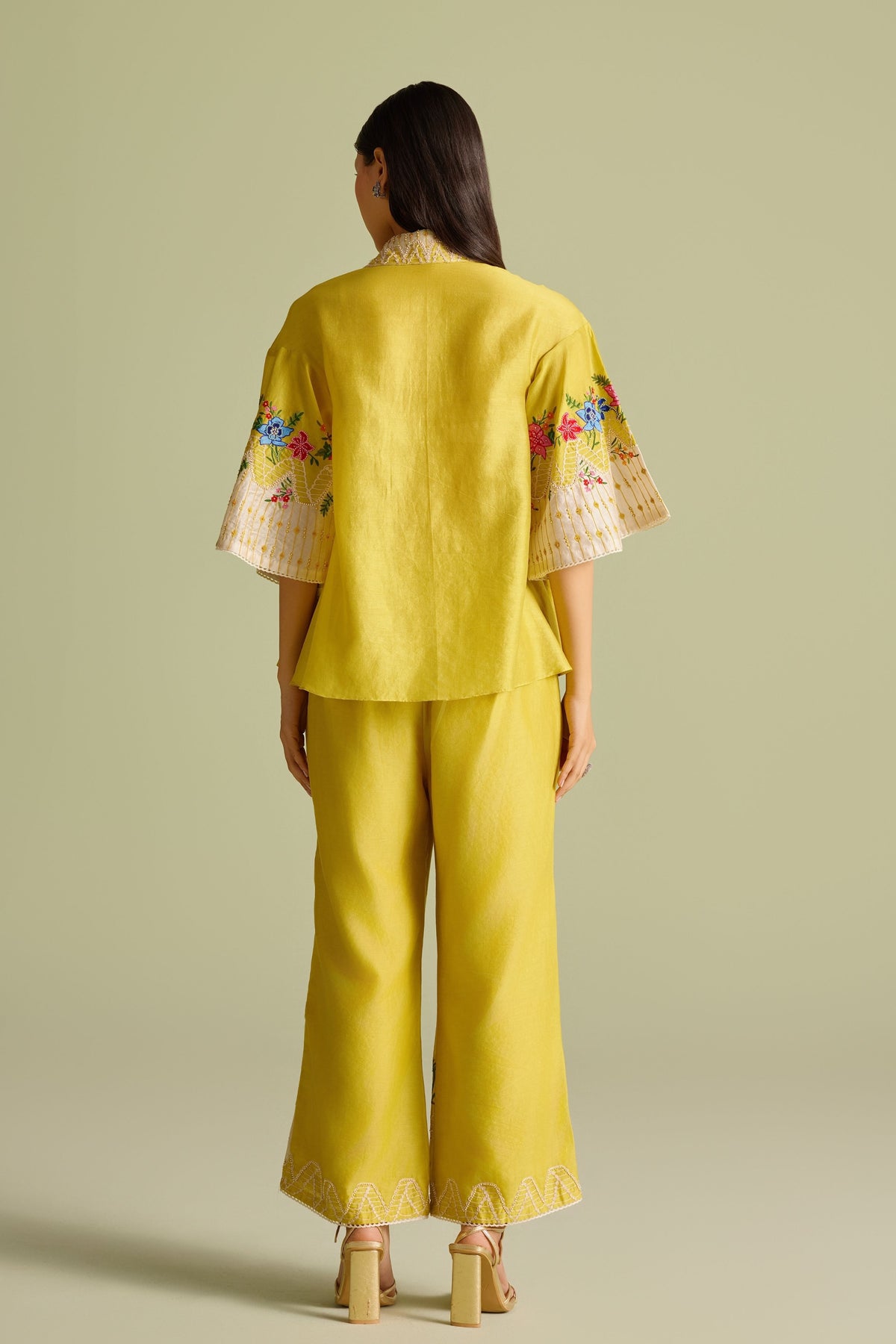 Yellow Floral Embroidered Color Block Pants