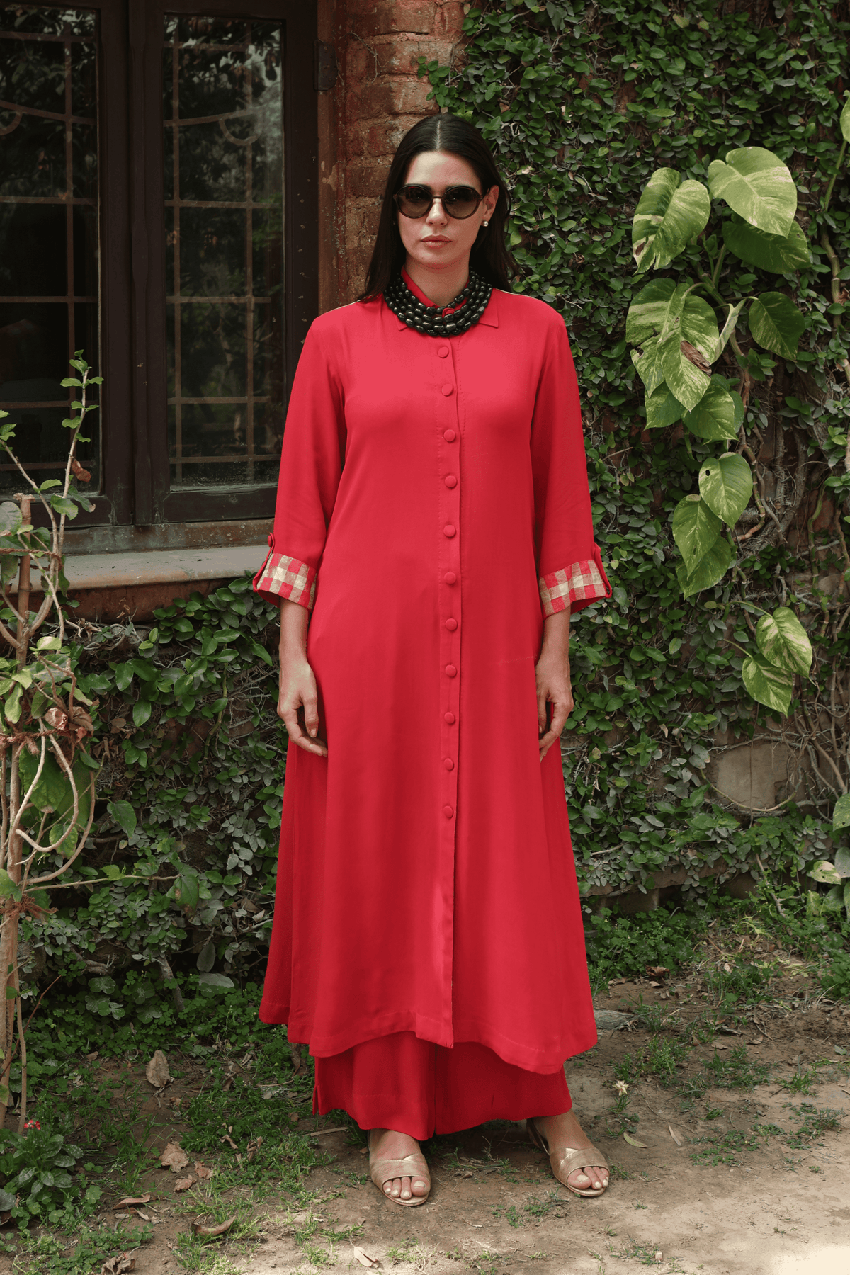 Red Front Open Kurta And Pant