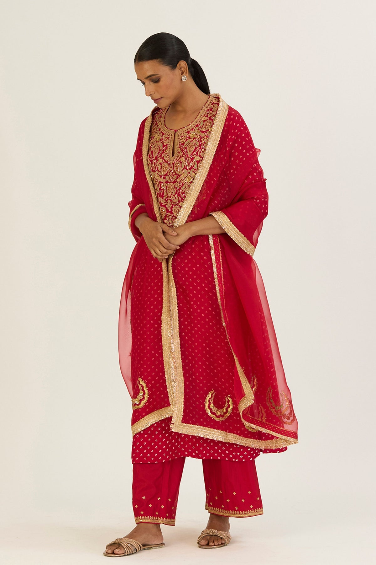 Brinda Red Bandhani Kurta &amp; Pants