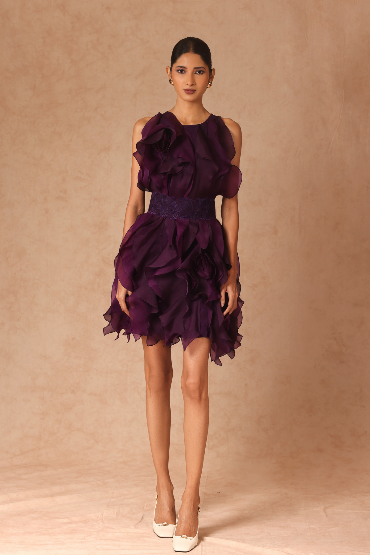 Purple Rosette Ruffle Dress With Belt