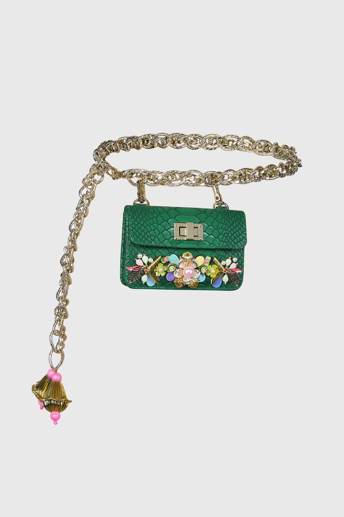 Green Chain-link Embellished Belt Bag