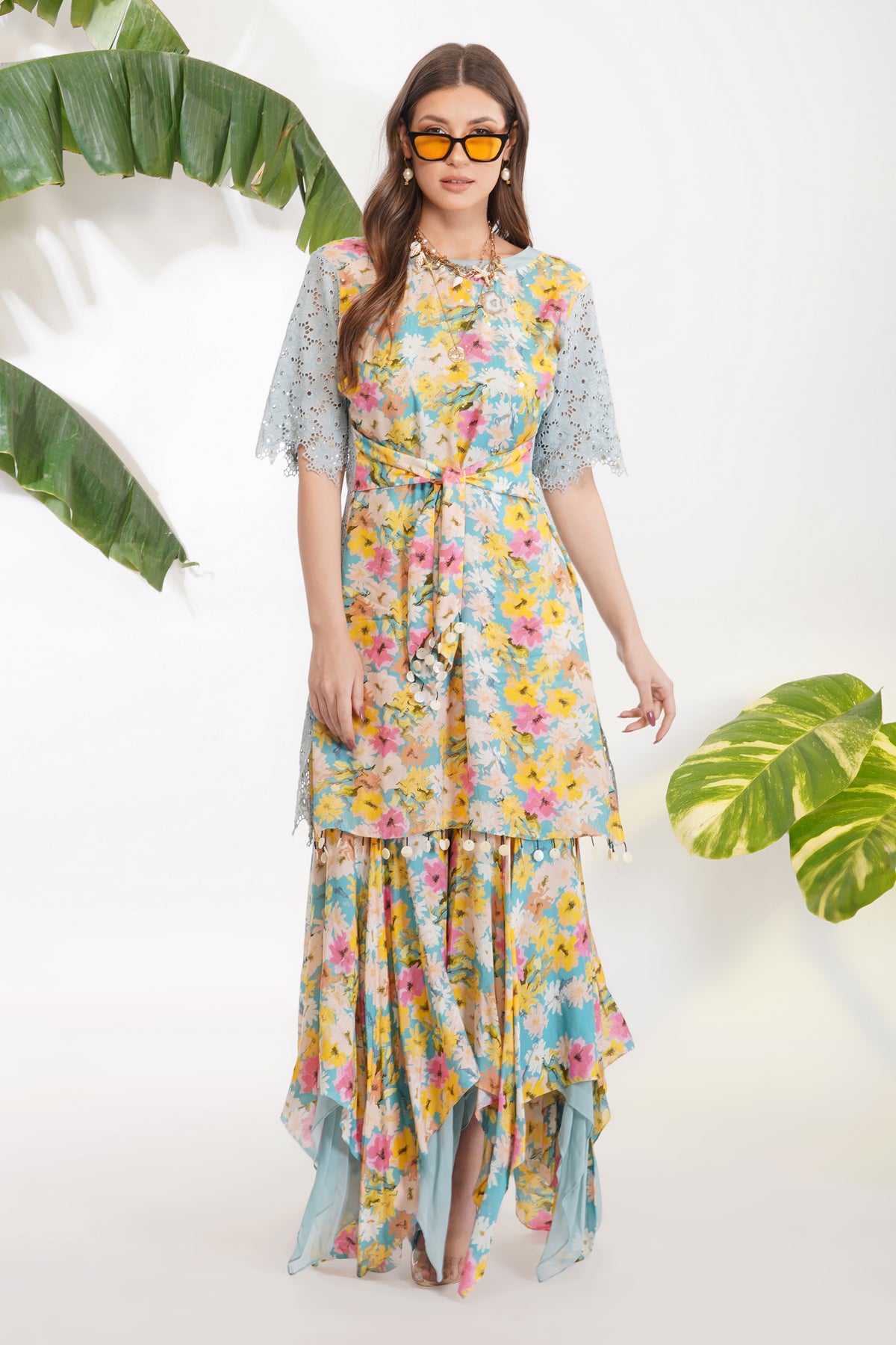 Summer Print Belted Garara Set