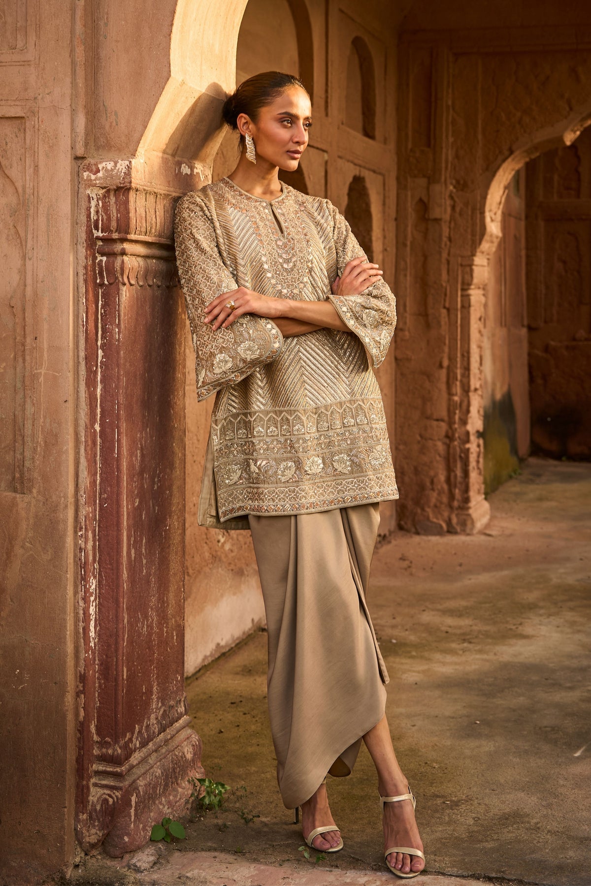 Embroidered Golden Beige Kurta Set