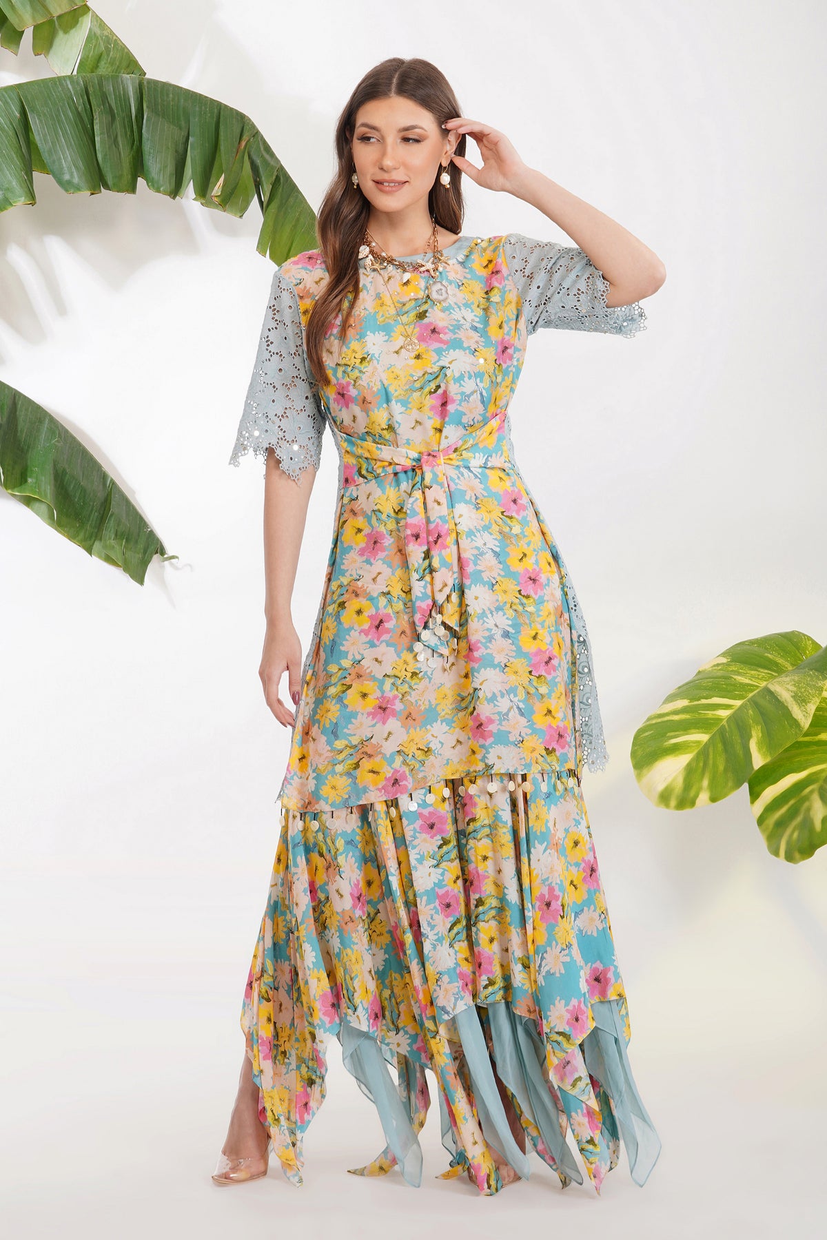 Summer Print Belted Garara Set