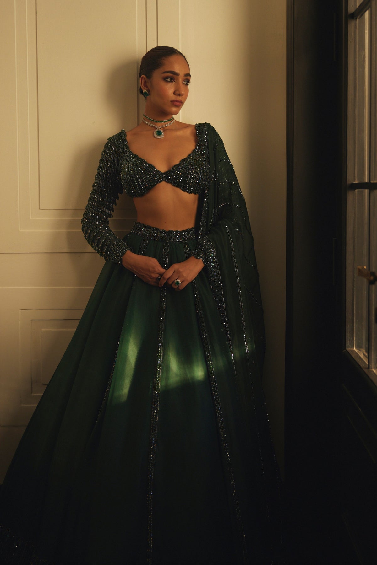 Dark Jade Green Organza Lehenga Set