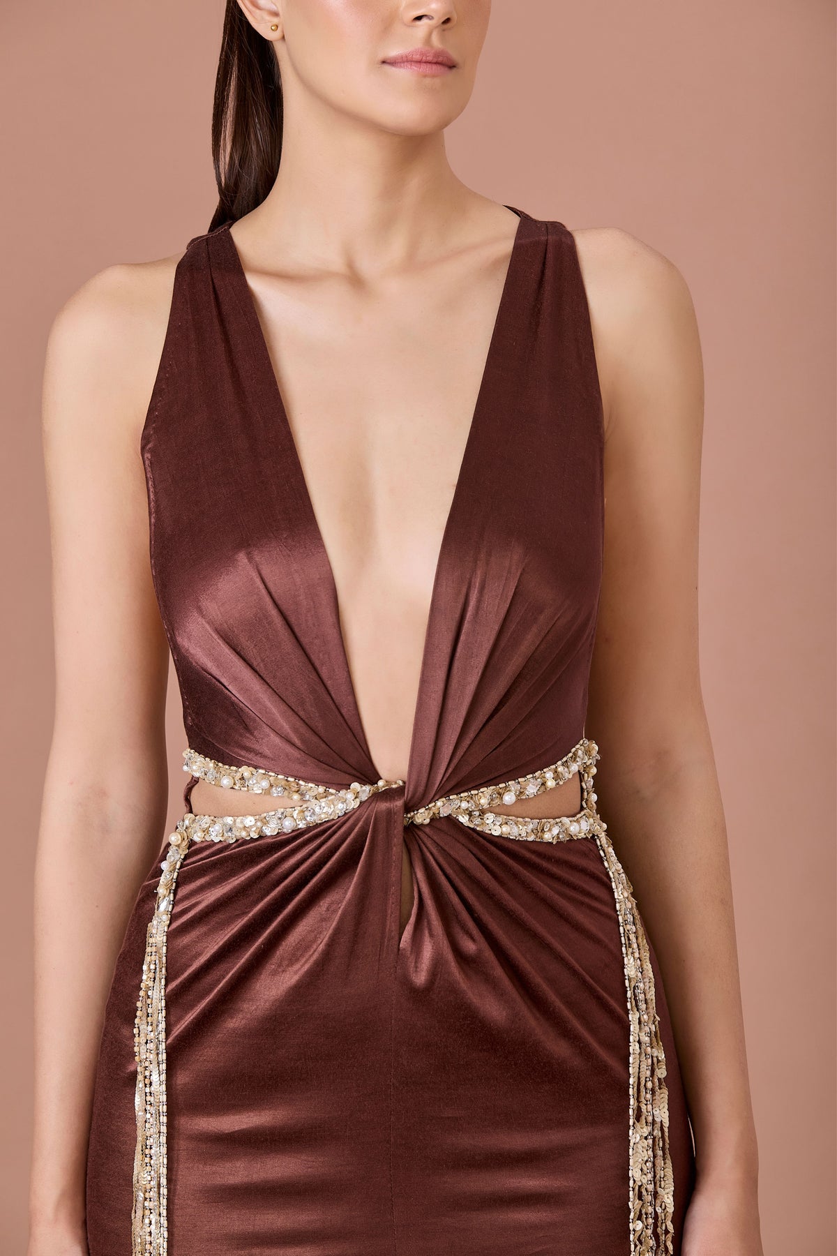 Brown Draped Slit Gown