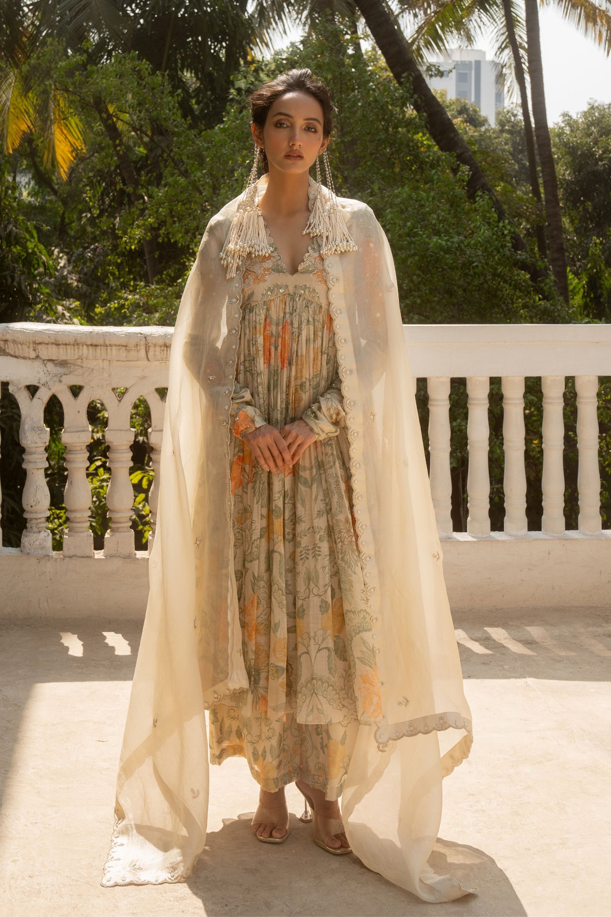 Ivory Floral Print Anarkali Set