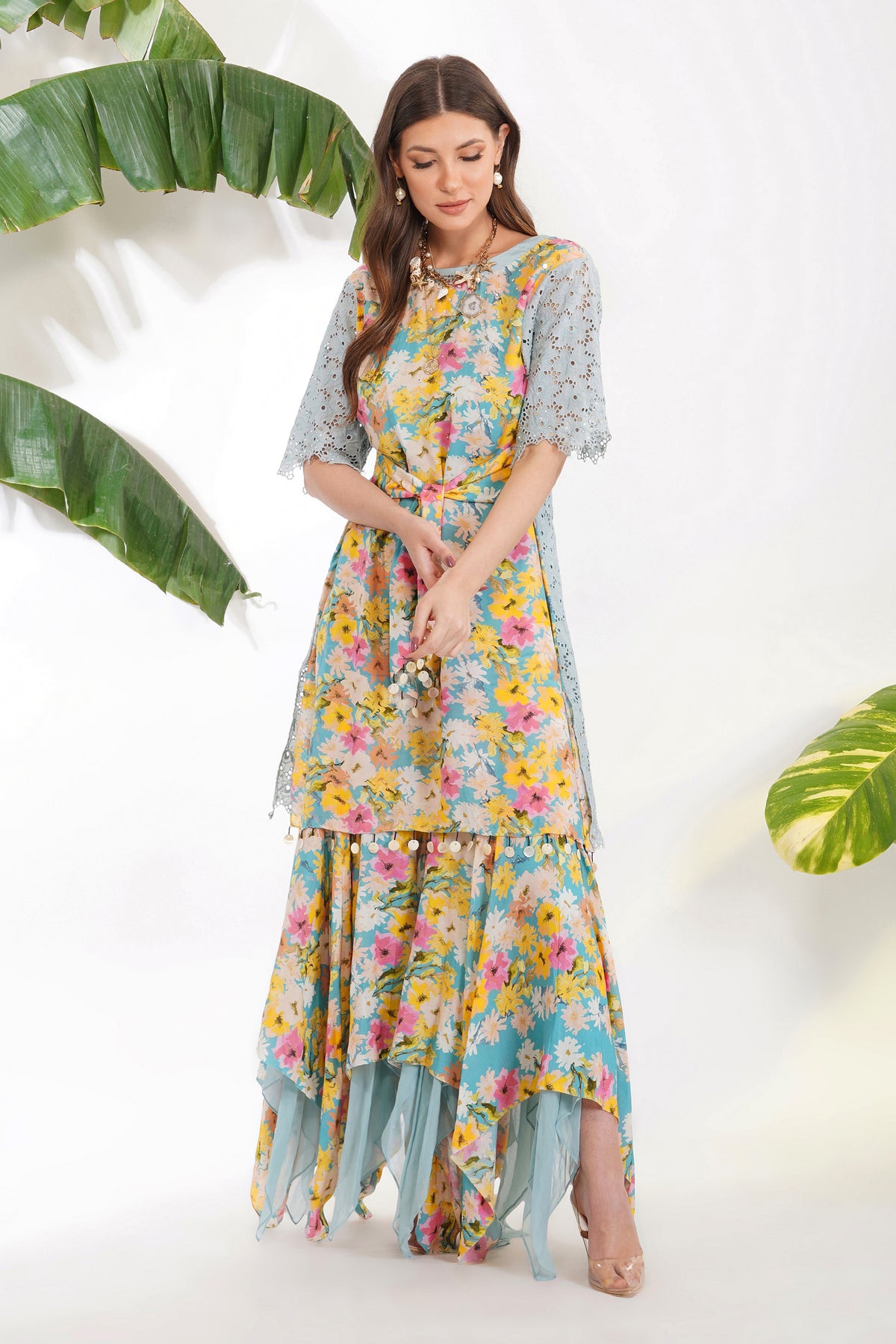 Summer Print Belted Garara Set