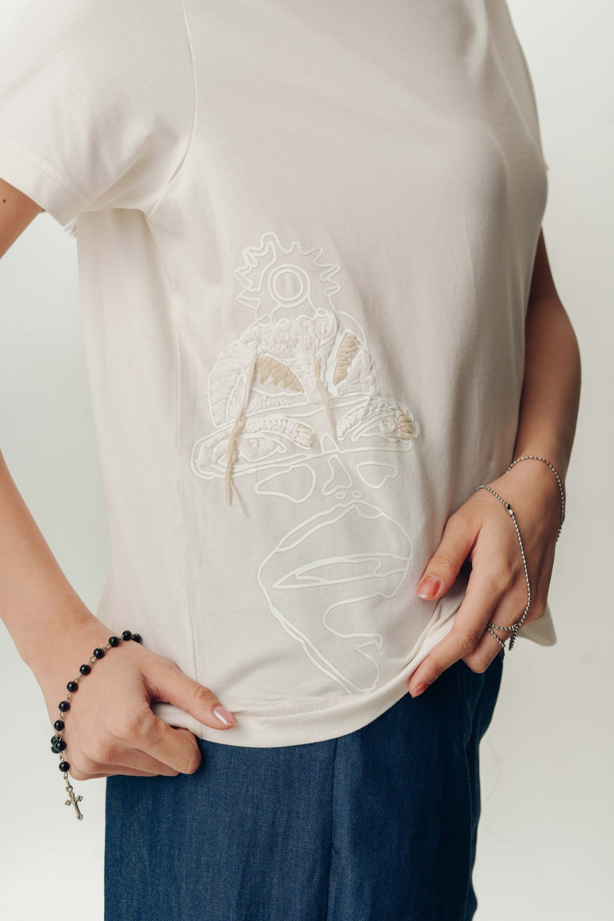 Embroidered Half White T Shirt