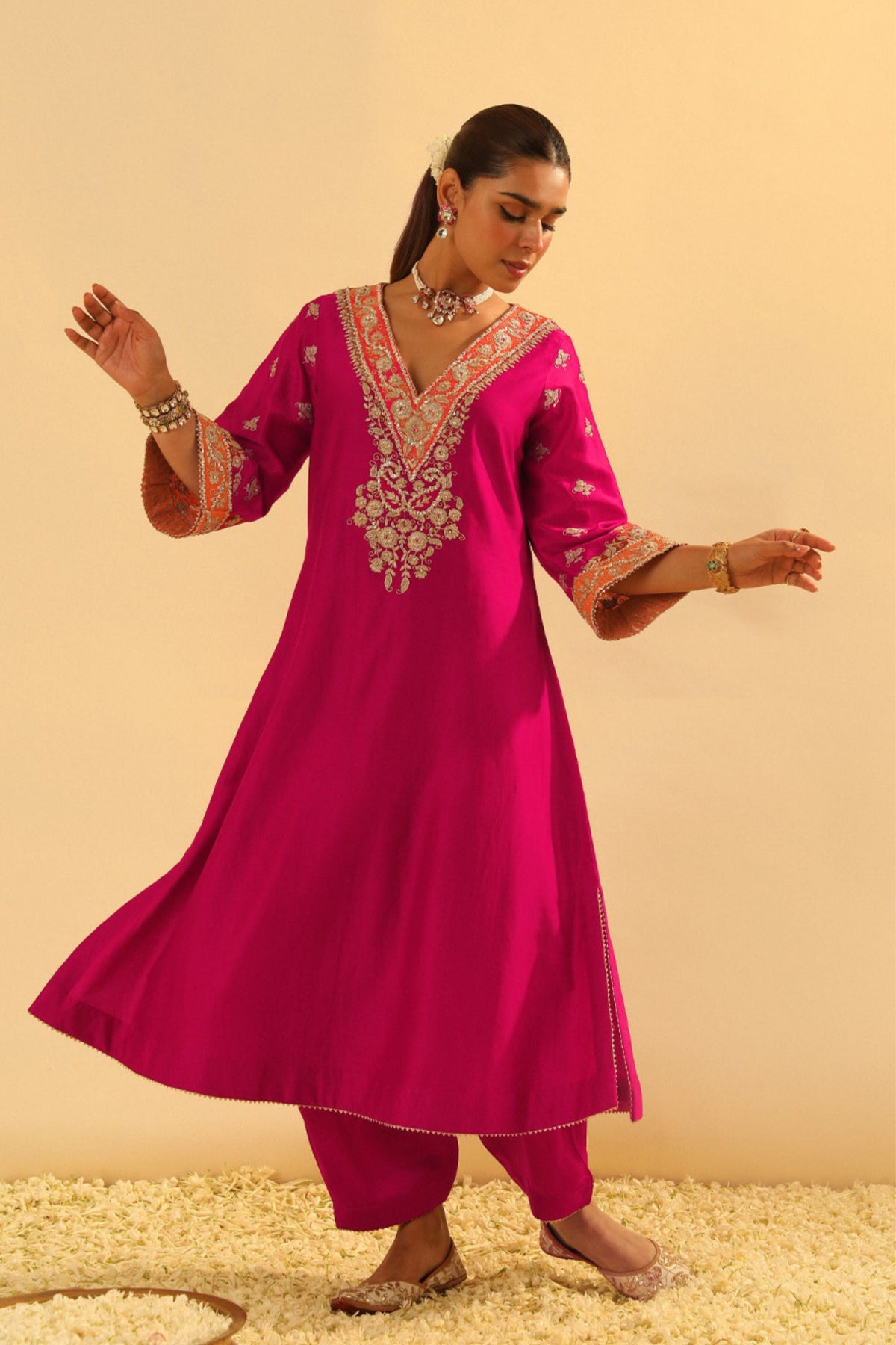 Alima Pink Long A-line Choga With Salwar