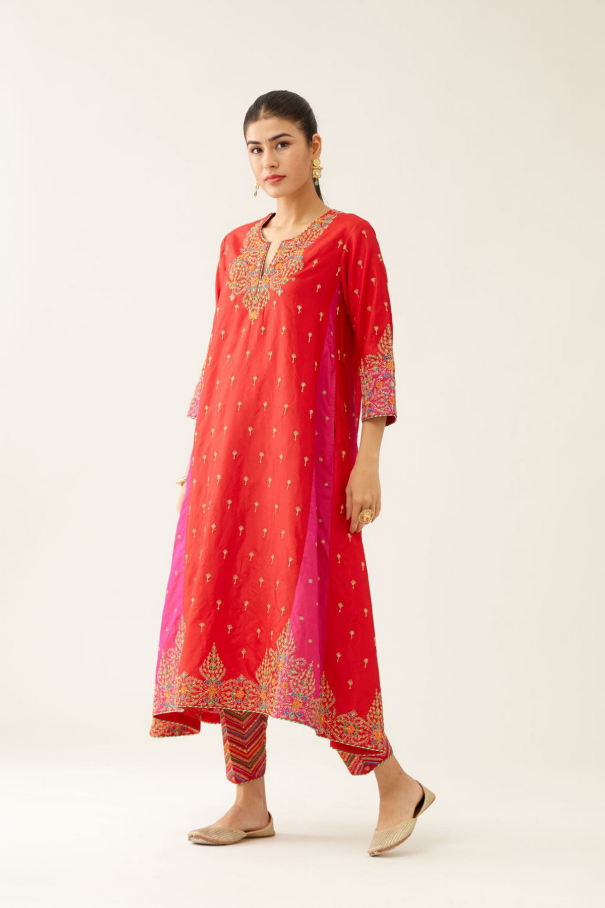 Red &amp; Fuchsia Silk Kalidar Kurta Set