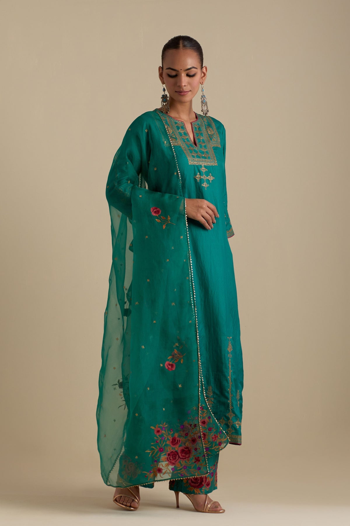 Persian Green Silk Straight Kurta Set