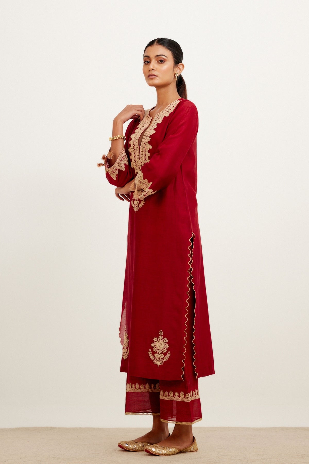 Maroon Dori Embroidered Kurta Set