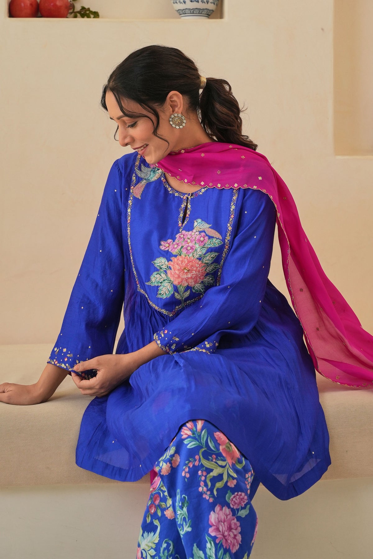 Jehan Gathered Kurta Set in Royal Blue