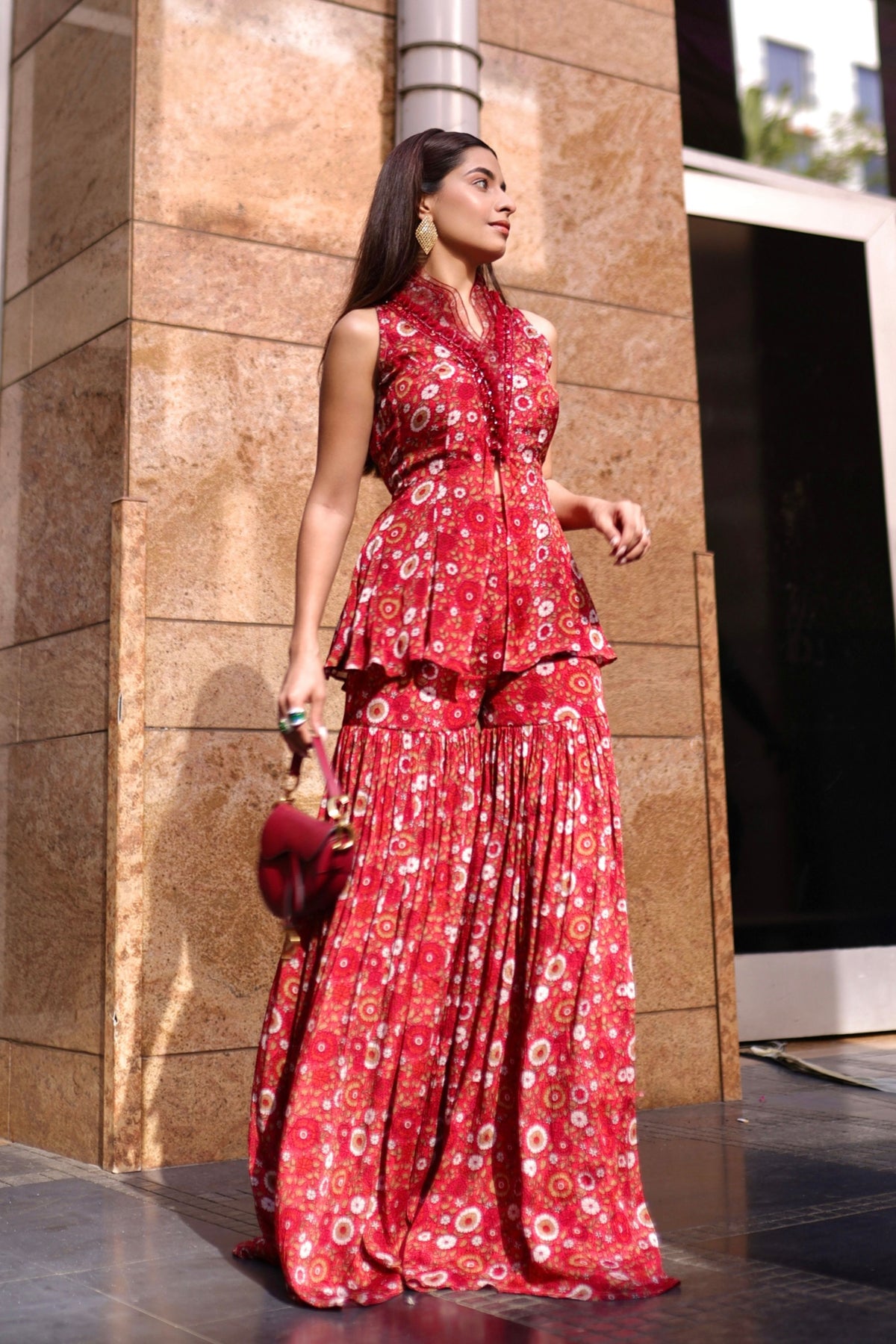 Red Printed Sharara Set