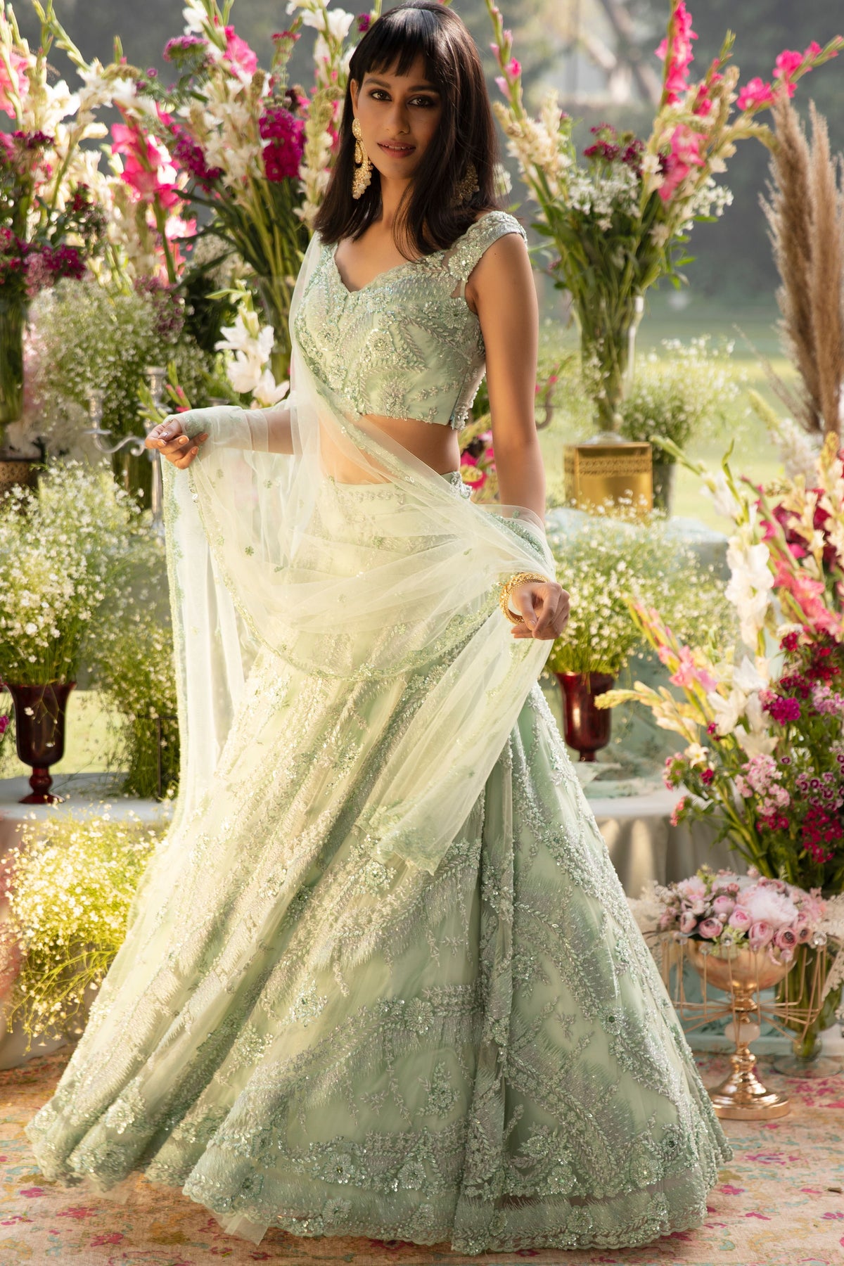 Mint Green Embroidered Net Lehenga Set