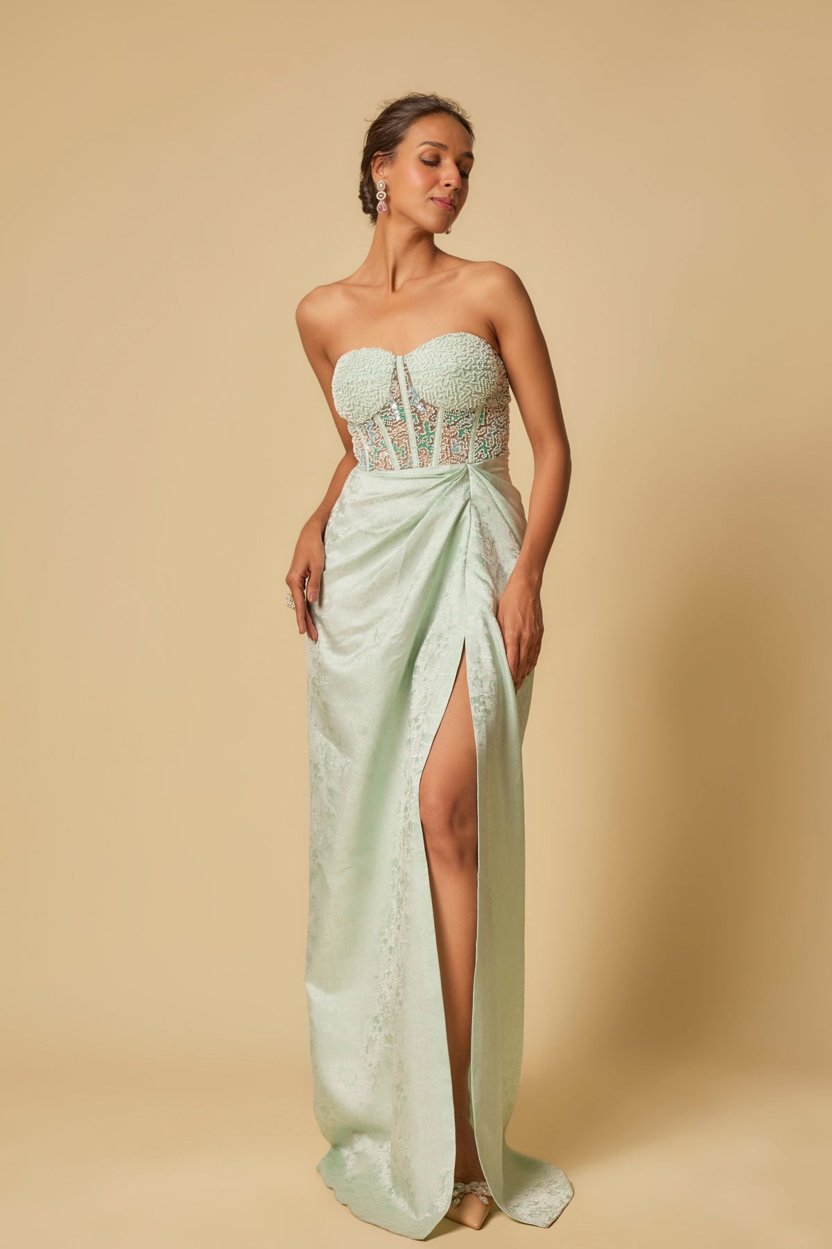 Mint Brocade Embroidered Gown Set