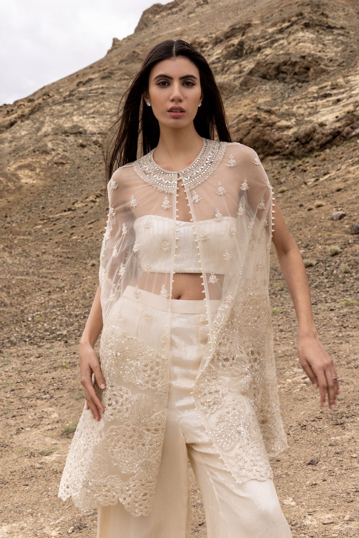 Ivory Sequins Cape Set