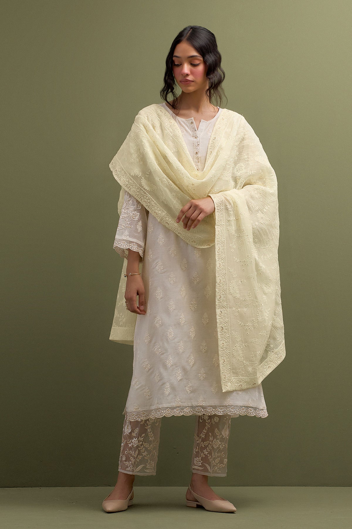 Ivory Embroidered Set With Dupatta