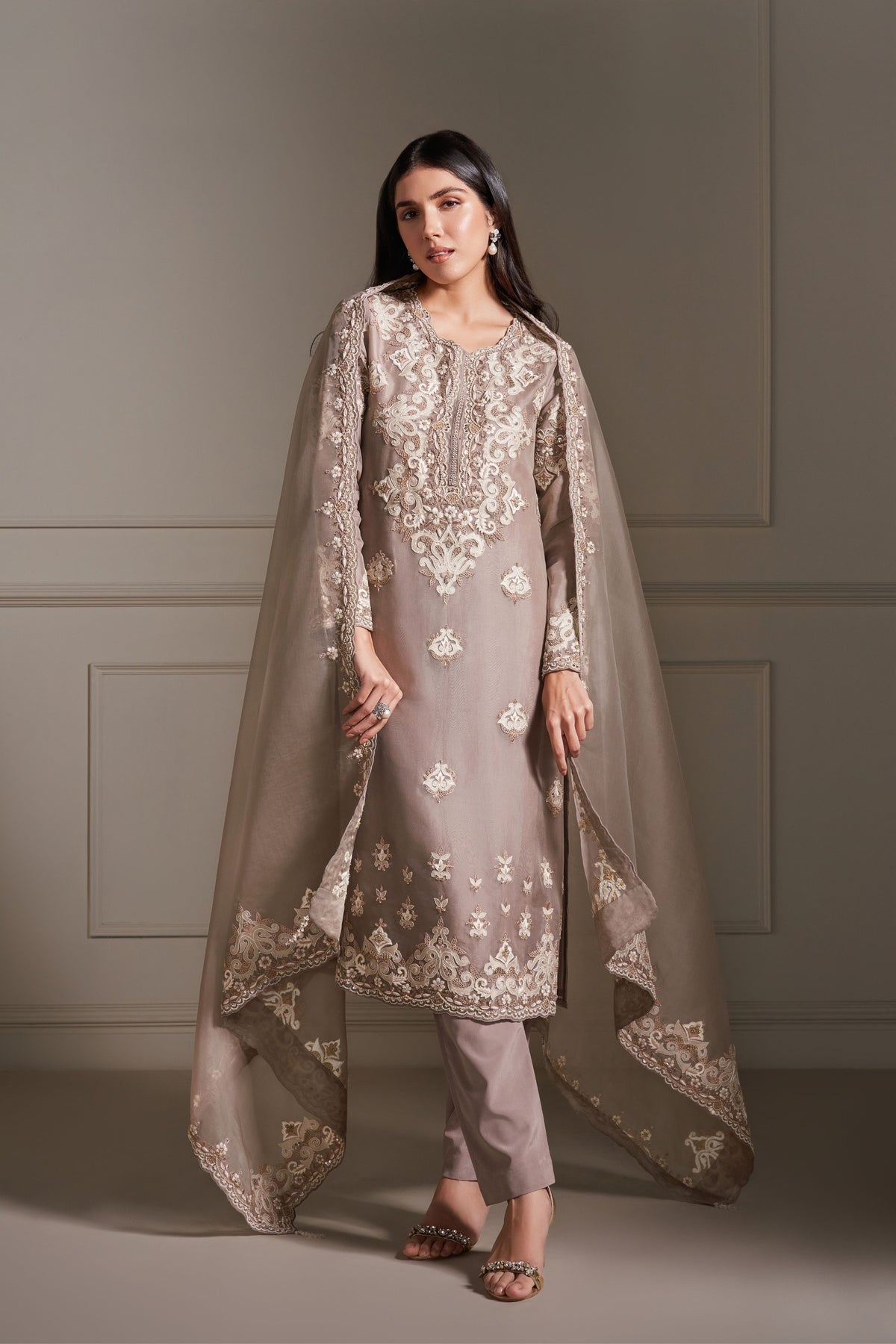 Taupe Hand Embellished Kurta Set