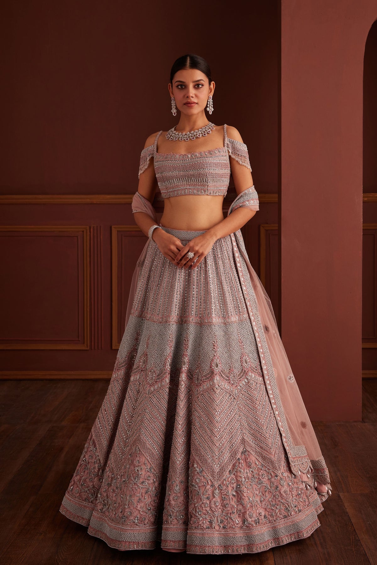 Grey and Pink Embellished Lehenga