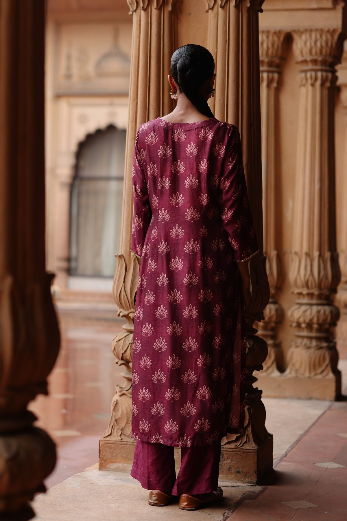 Wine Embroidered Kurta Set