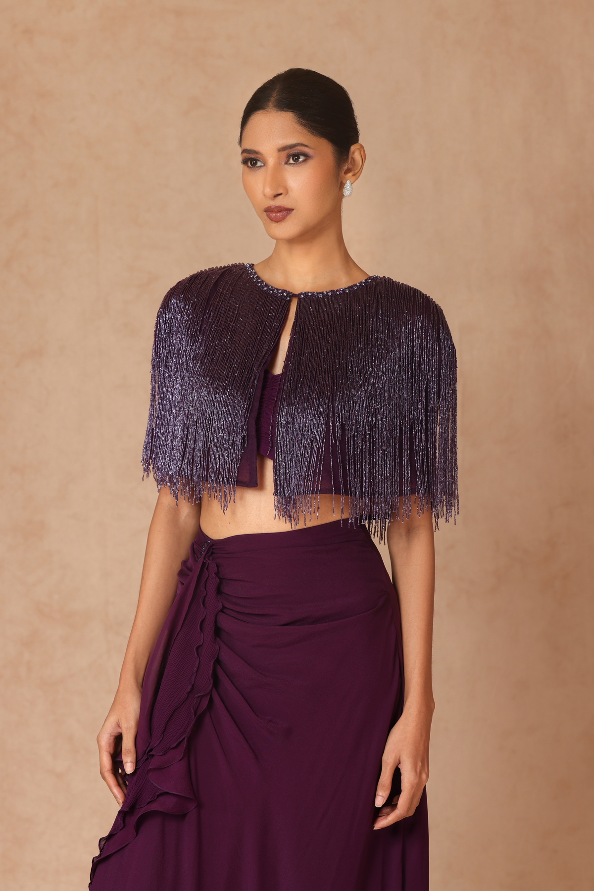 Fringe Capelet With Chiffon Skirt &amp; Ruched Bandeau