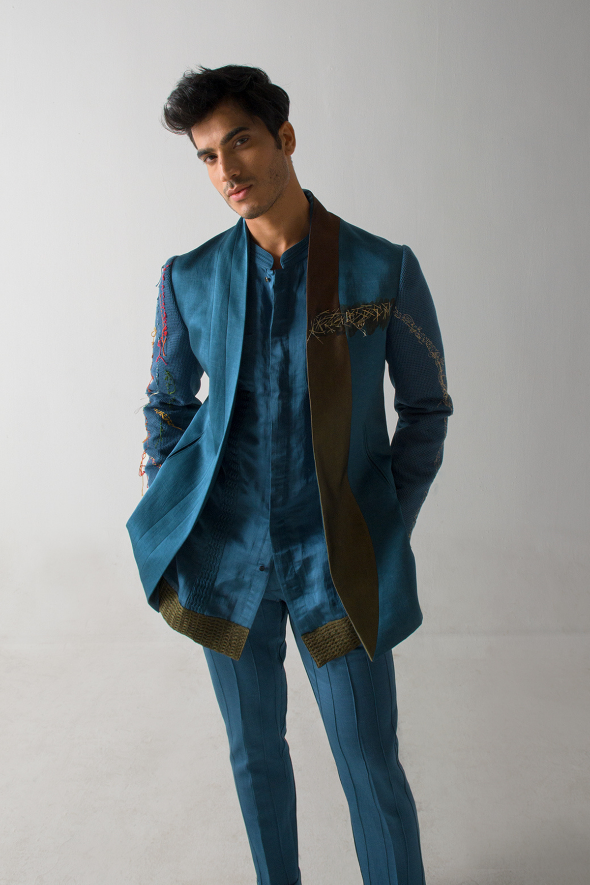 Teal Blue Kurta with Olive Pintuck Hem