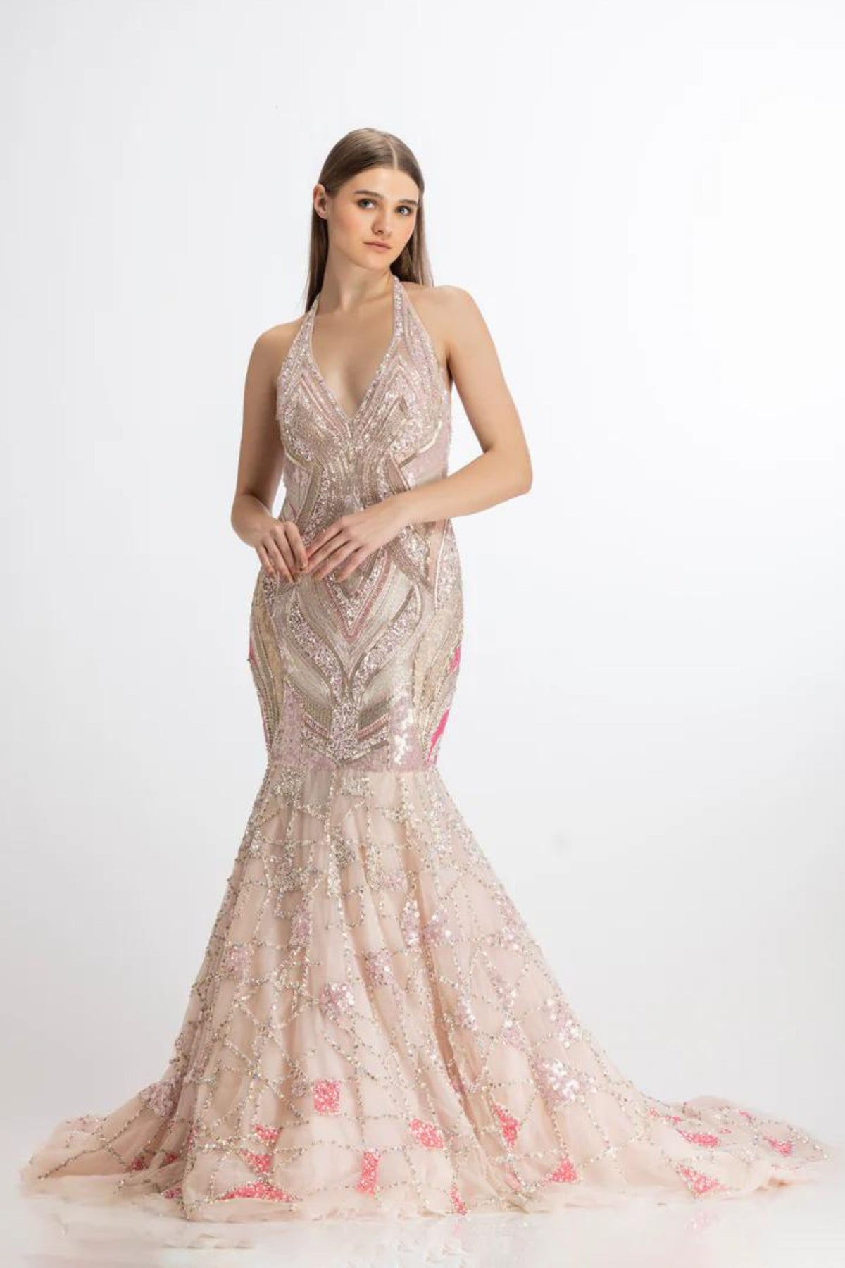 Multicolor pink mermaid flare gown
