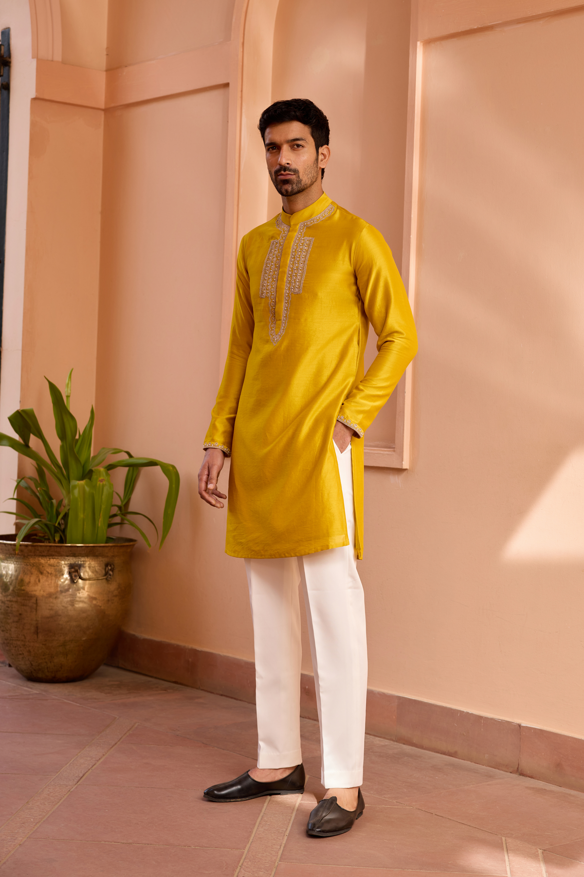 Yellow dori and hand embroidered silk kurta set