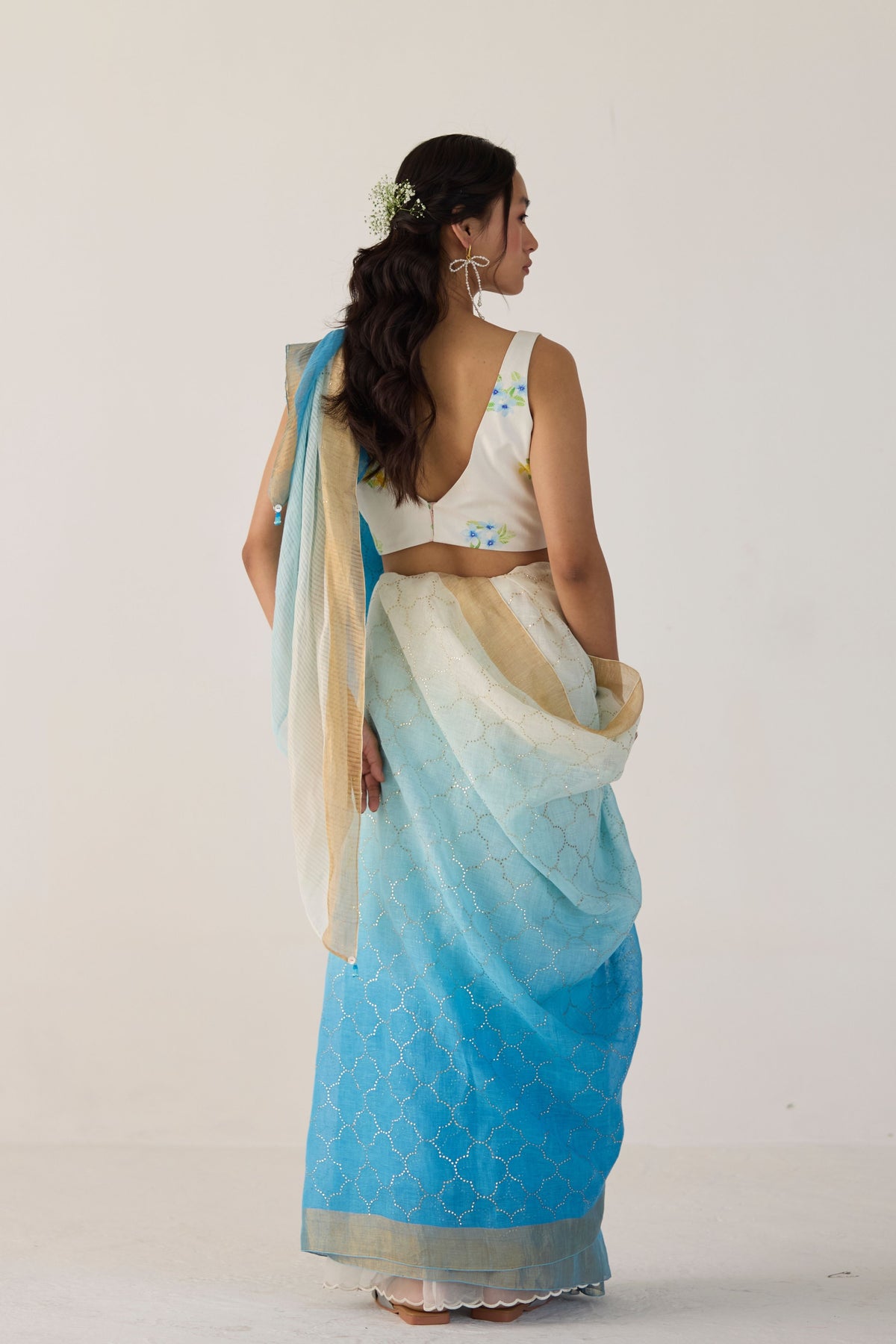 Blue Ombre Sari With Gold Dot Print