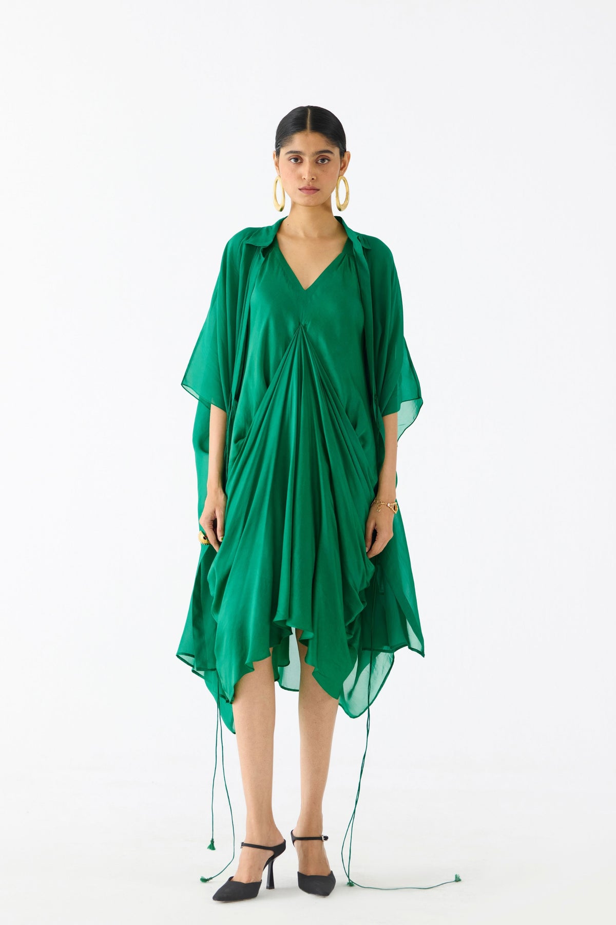 Emerald Midi Dress With Organza Cape